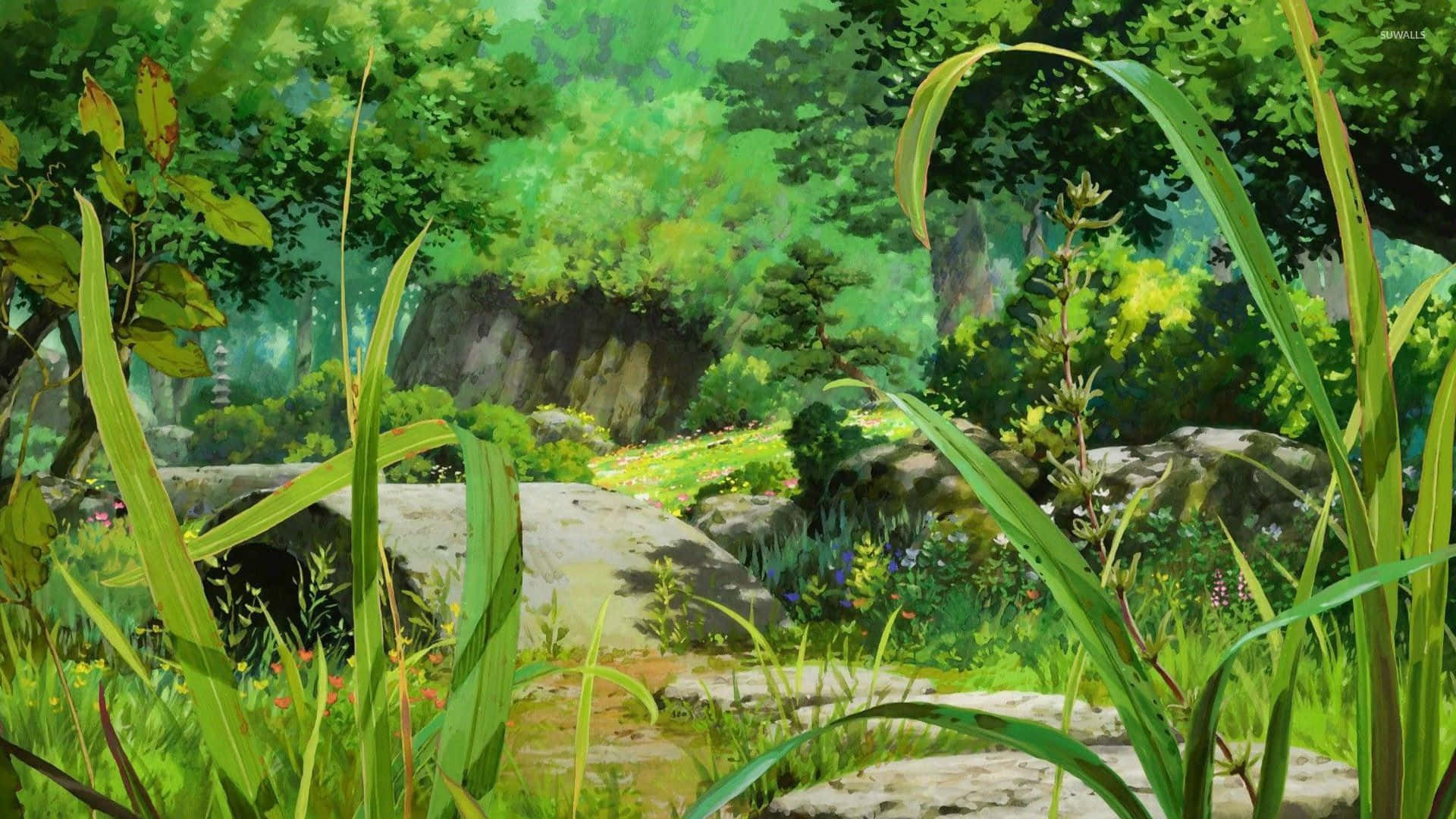 anime forest, sunlit forest path, lush green foliage, Full HD Desktop Wallpaper