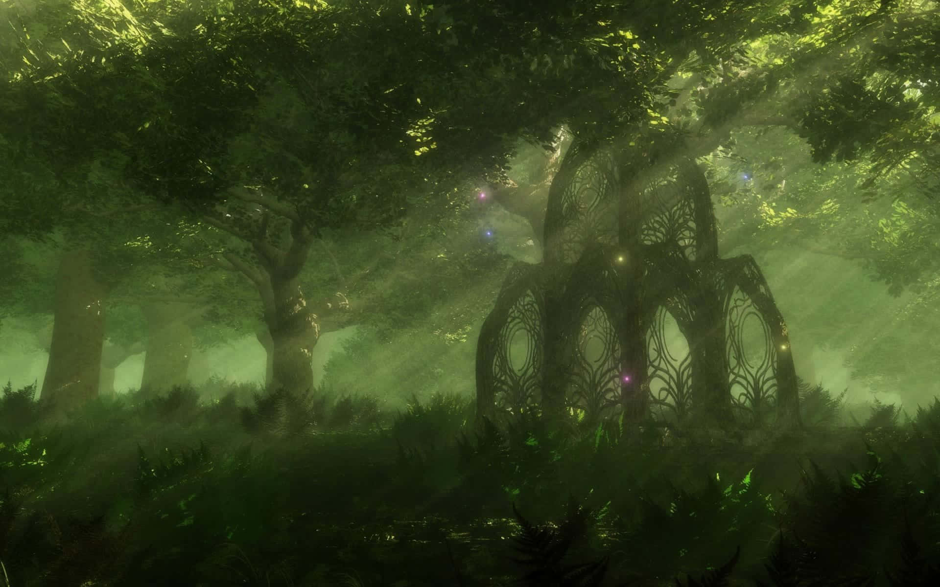 Anime Forest, misty forest, emerald light, Full HD Desktop Wallpaper