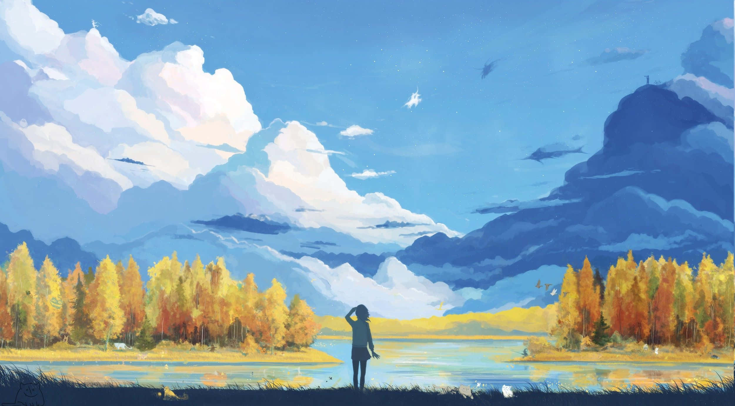 Anime Forest, calm lake, vast blue sky, Full HD Desktop Wallpaper