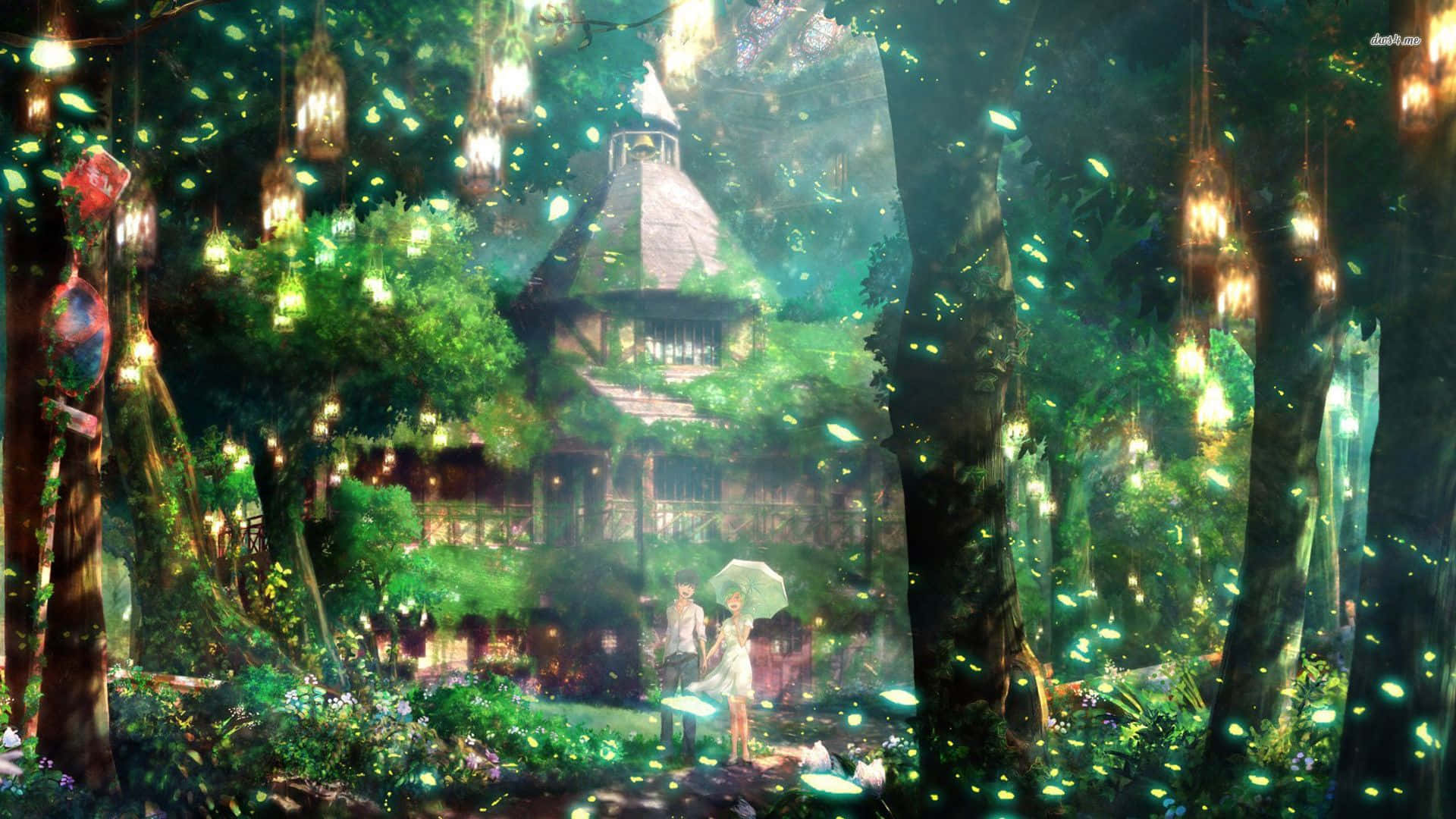 Anime Forest, glowing enchanted forest, couple, Full HD Desktop Wallpaper