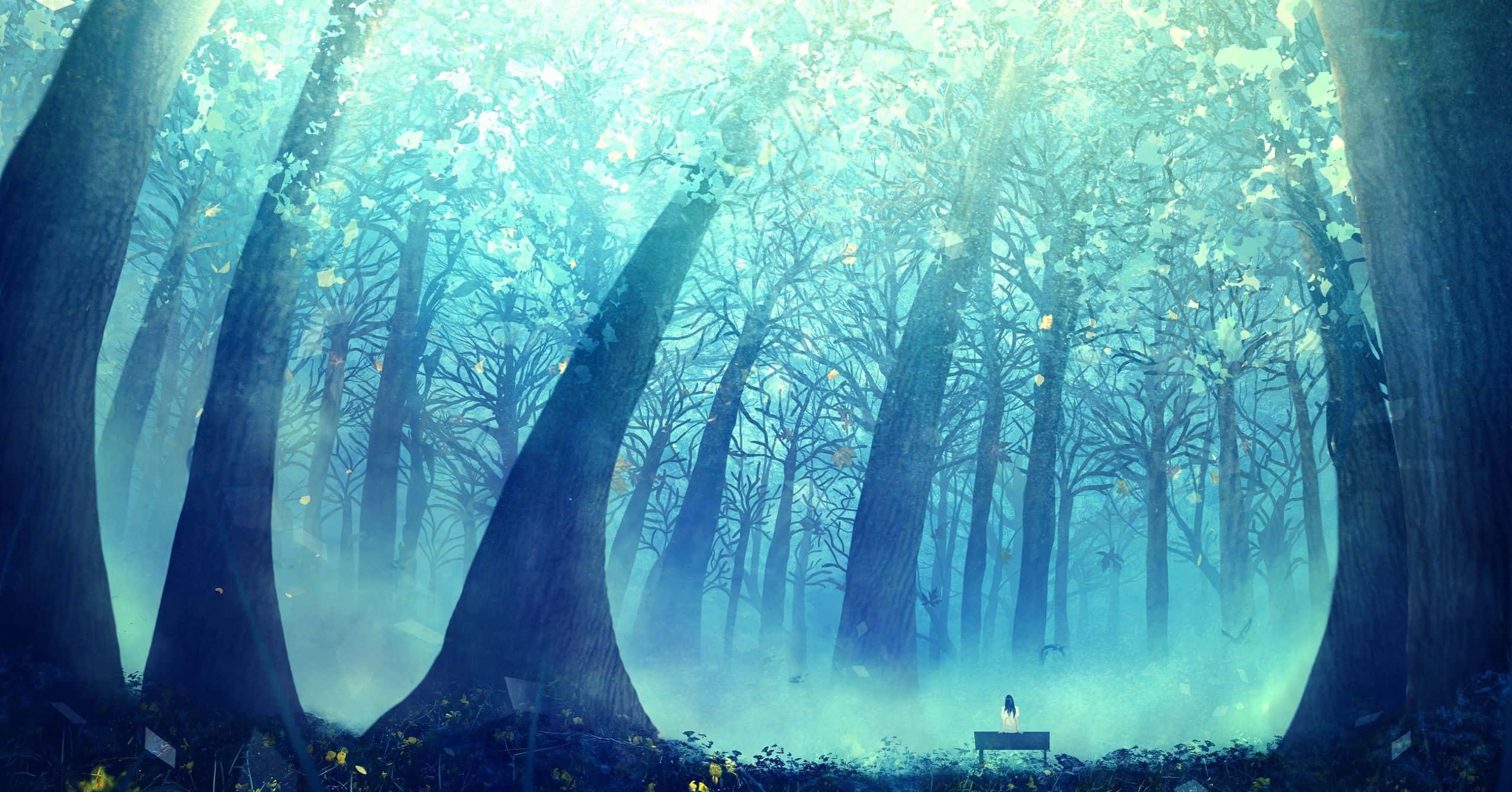 Anime Forest, mystical forest, ethereal blue light, Full HD Desktop Wallpaper