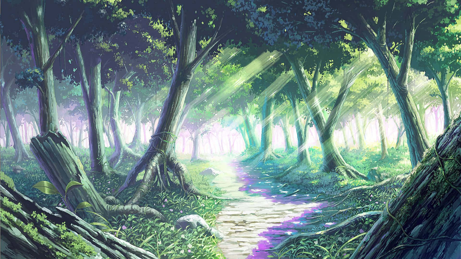Anime Forest, serene forest path, towering trees, Full HD Desktop Wallpaper
