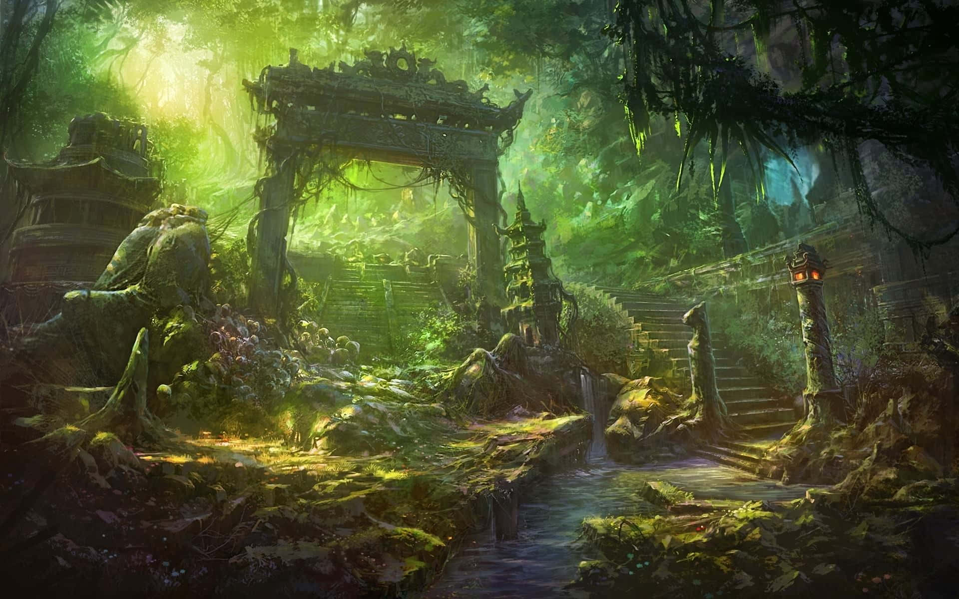 Anime Forest, ancient stone temple ruins, lush green vines, Full HD Desktop Wallpaper