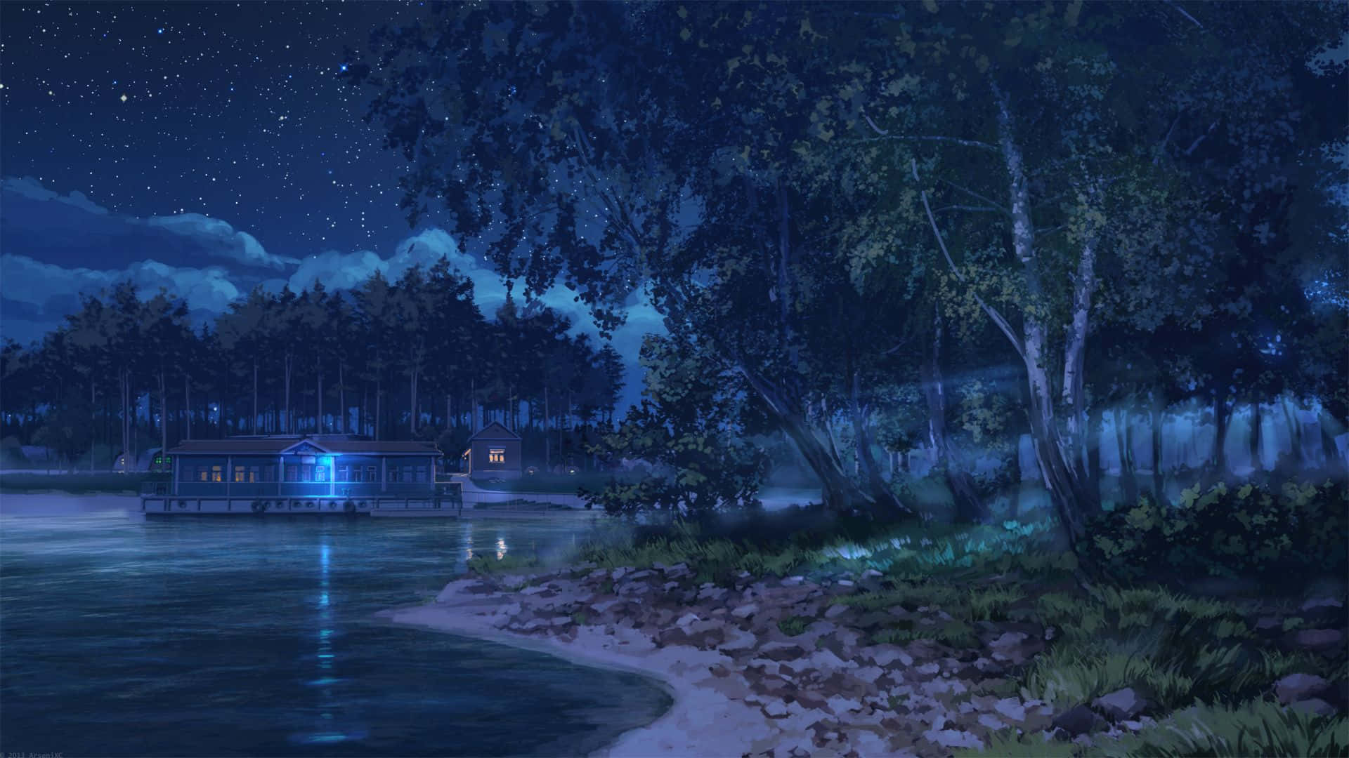 Anime Night Forest, lakeside cabin, starry sky, Full HD Desktop Wallpaper