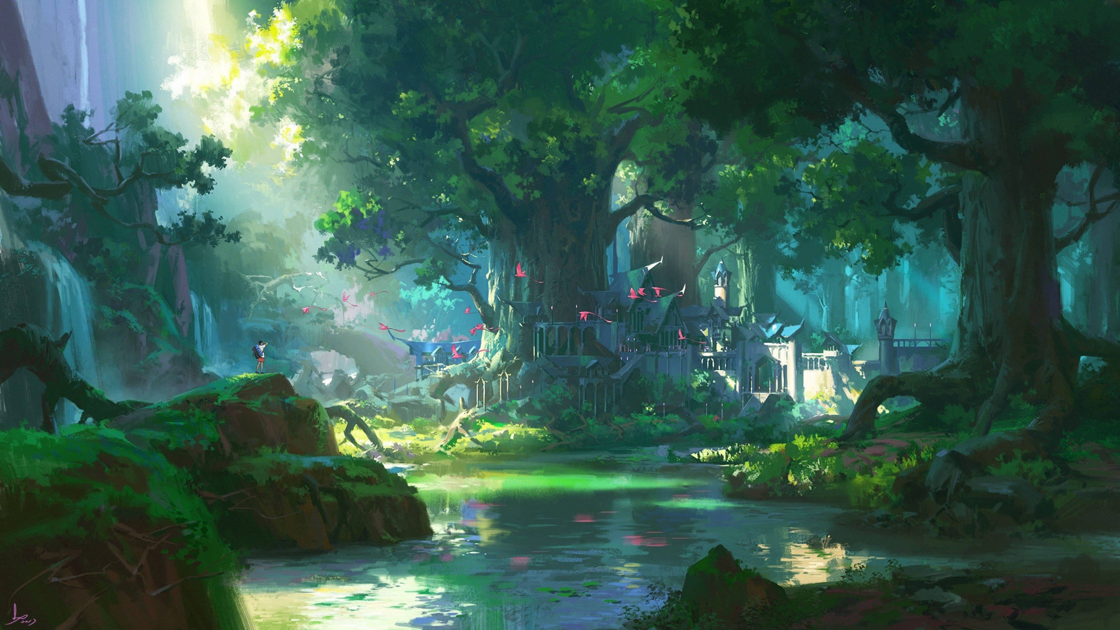 4K Aesthetic Anime Forest, sunlight, ancient trees, 4K Desktop Wallpaper