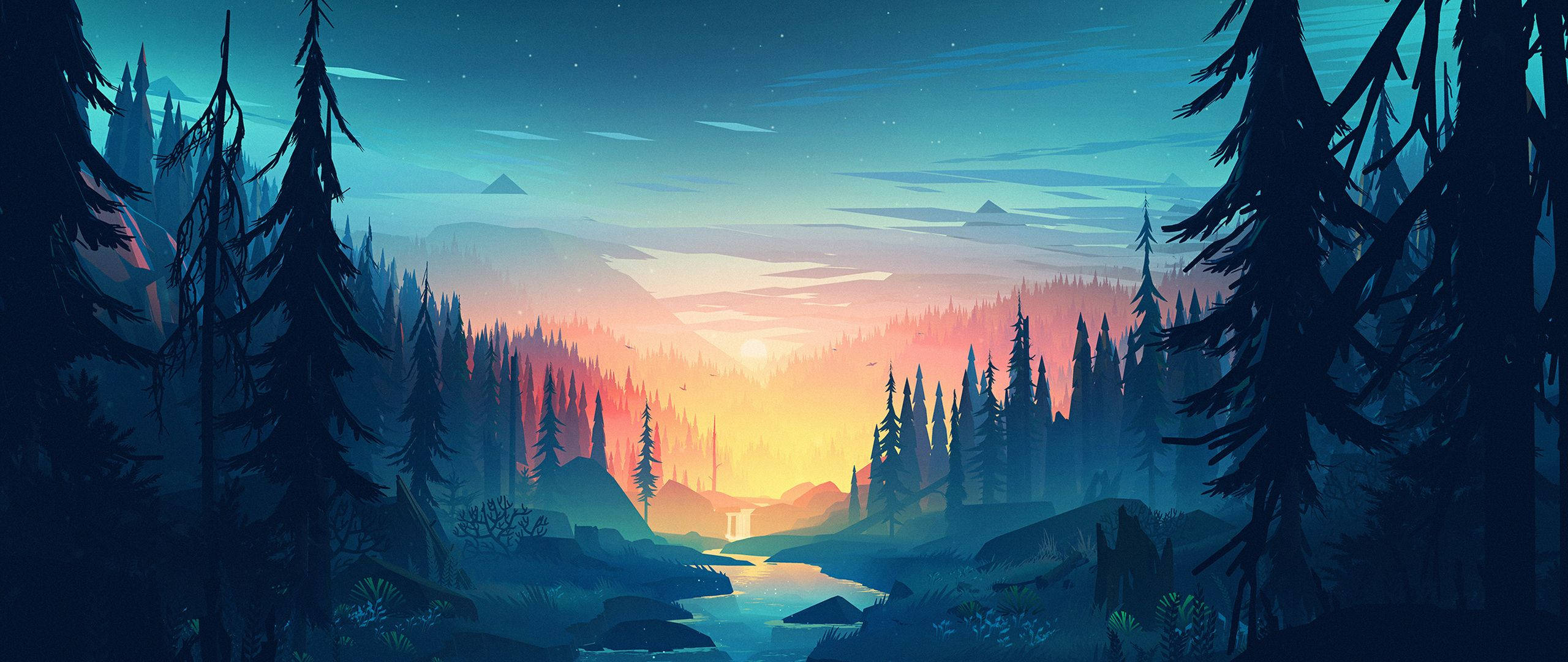 animated forest park, twilight forest, glowing river, 2K Desktop Wallpaper