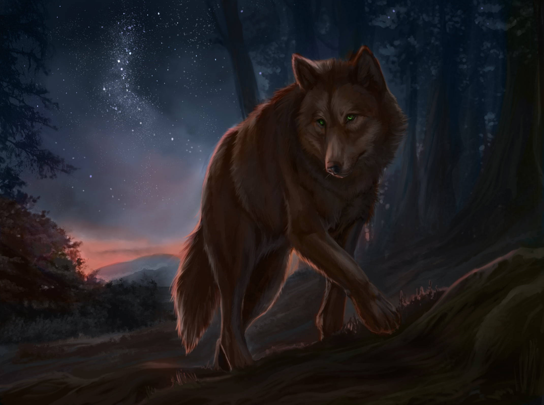 Anime Wolf Painting, forest at night, glowing green eyes, Full HD Desktop Wallpaper