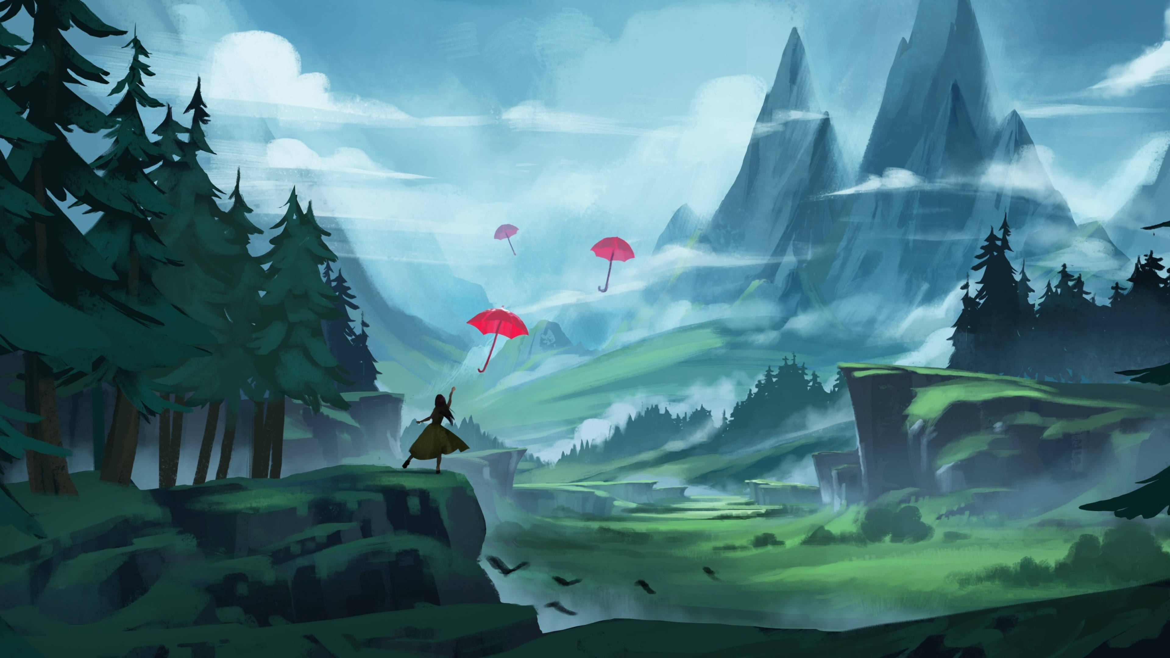 4K Anime Art Forest, misty mountain valley, lone figure, 4K Desktop Wallpaper