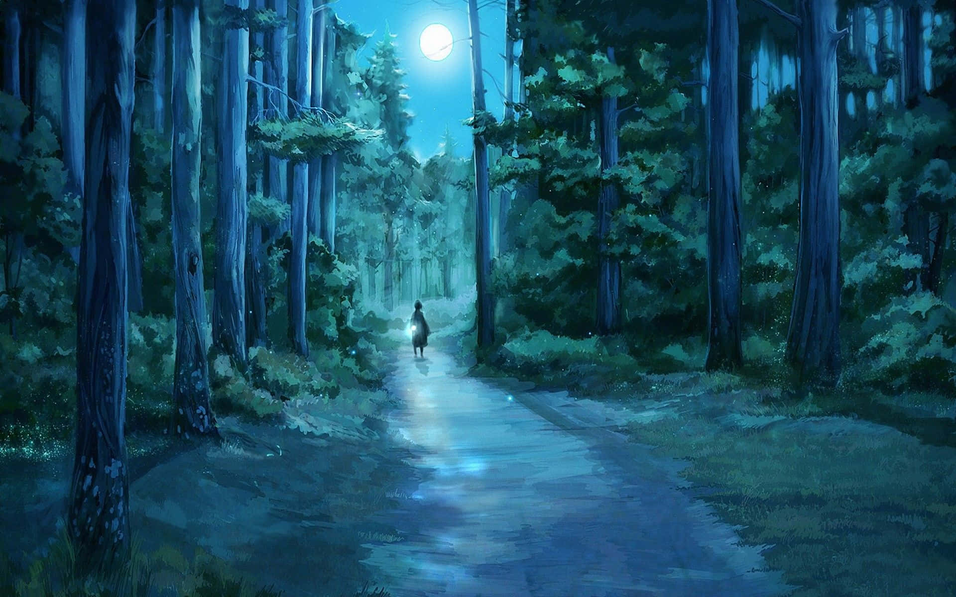 Anime Forest, moonlit forest path, full moon, Full HD Desktop Wallpaper