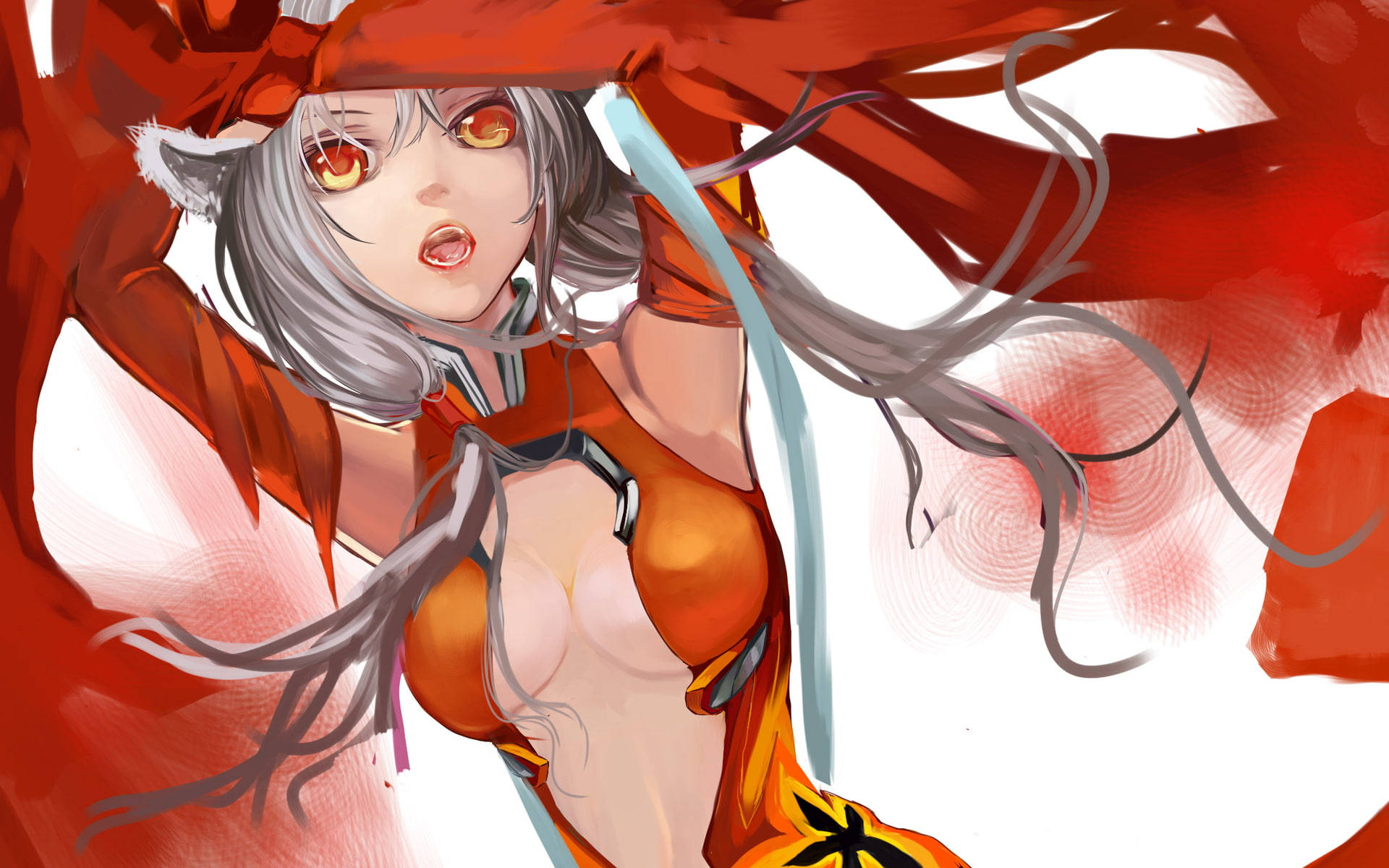 anime fox girl, silver hair, fox ears, Full HD Desktop Wallpaper