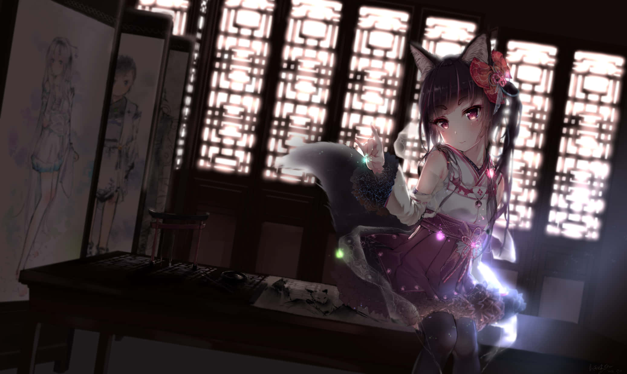 anime fox girl, glowing purple outfit, traditional wooden room, Full HD Desktop Wallpaper