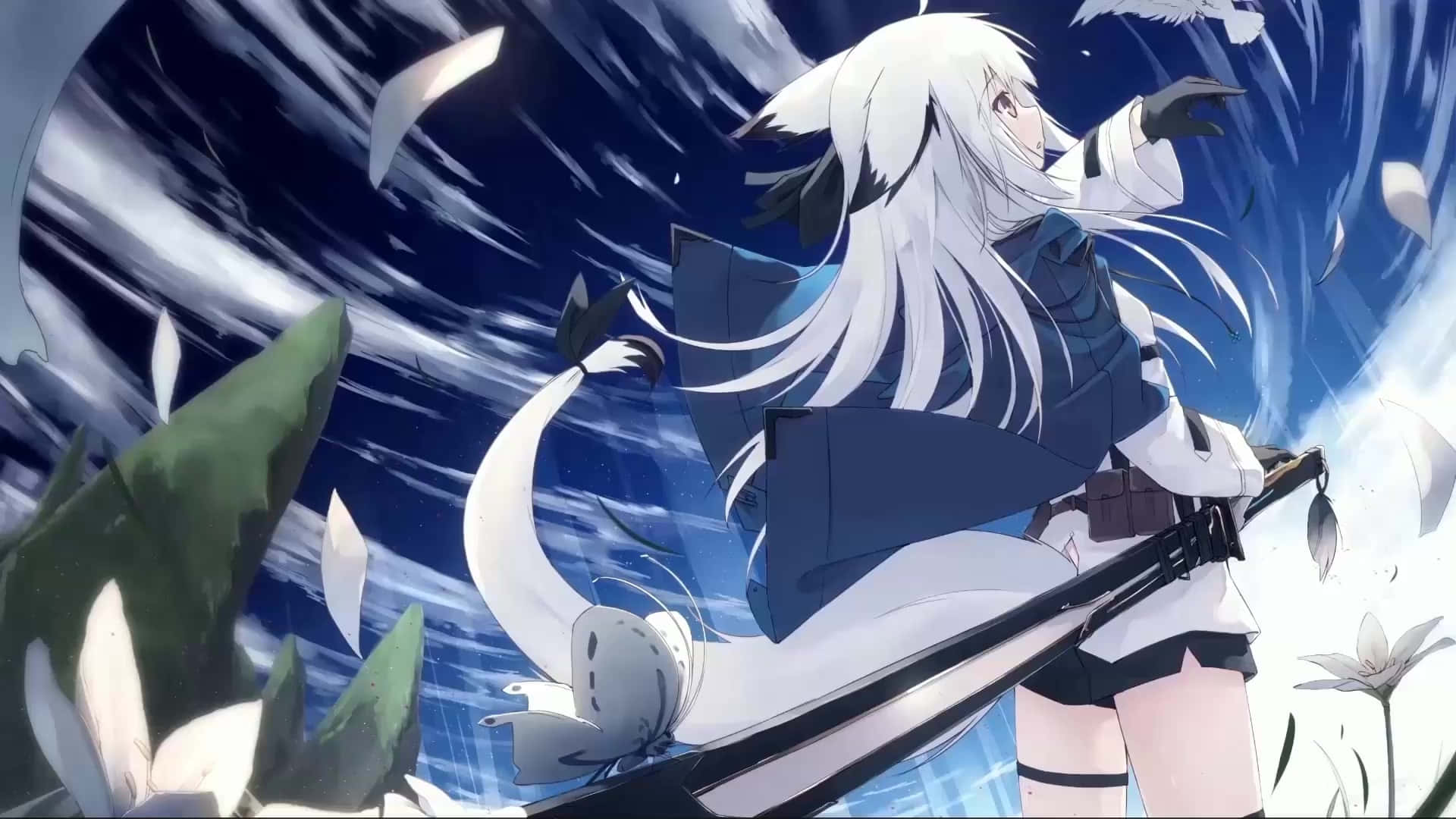 anime fox girl, sword, white-haired, Full HD Desktop Wallpaper