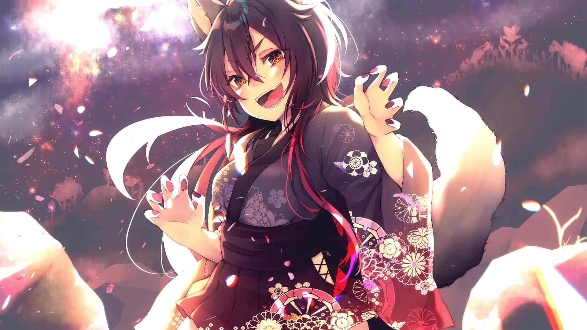 anime fox girl, floral kimono, cosmic backdrop, Full HD Desktop Wallpaper