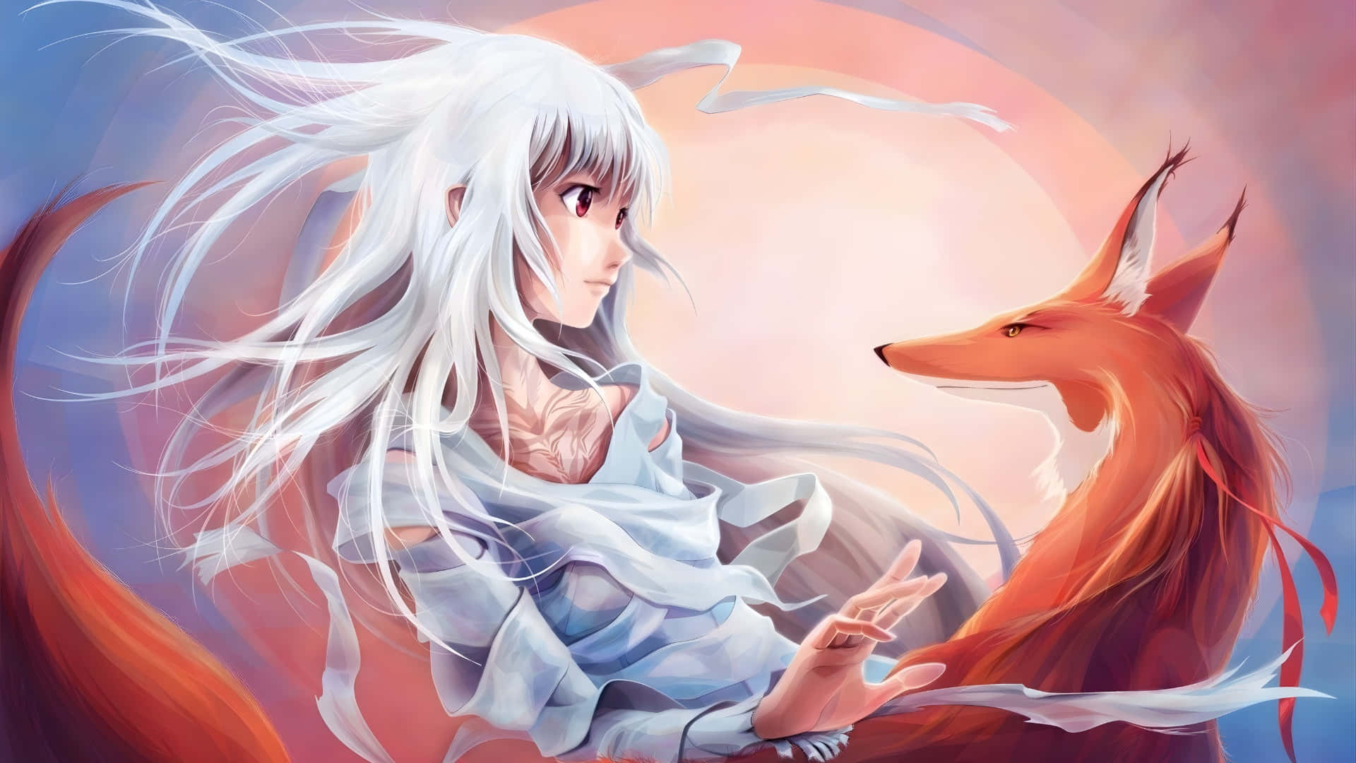 anime girl with fox spirit, white-haired anime girl, flowing blue robe, Full HD Desktop Wallpaper