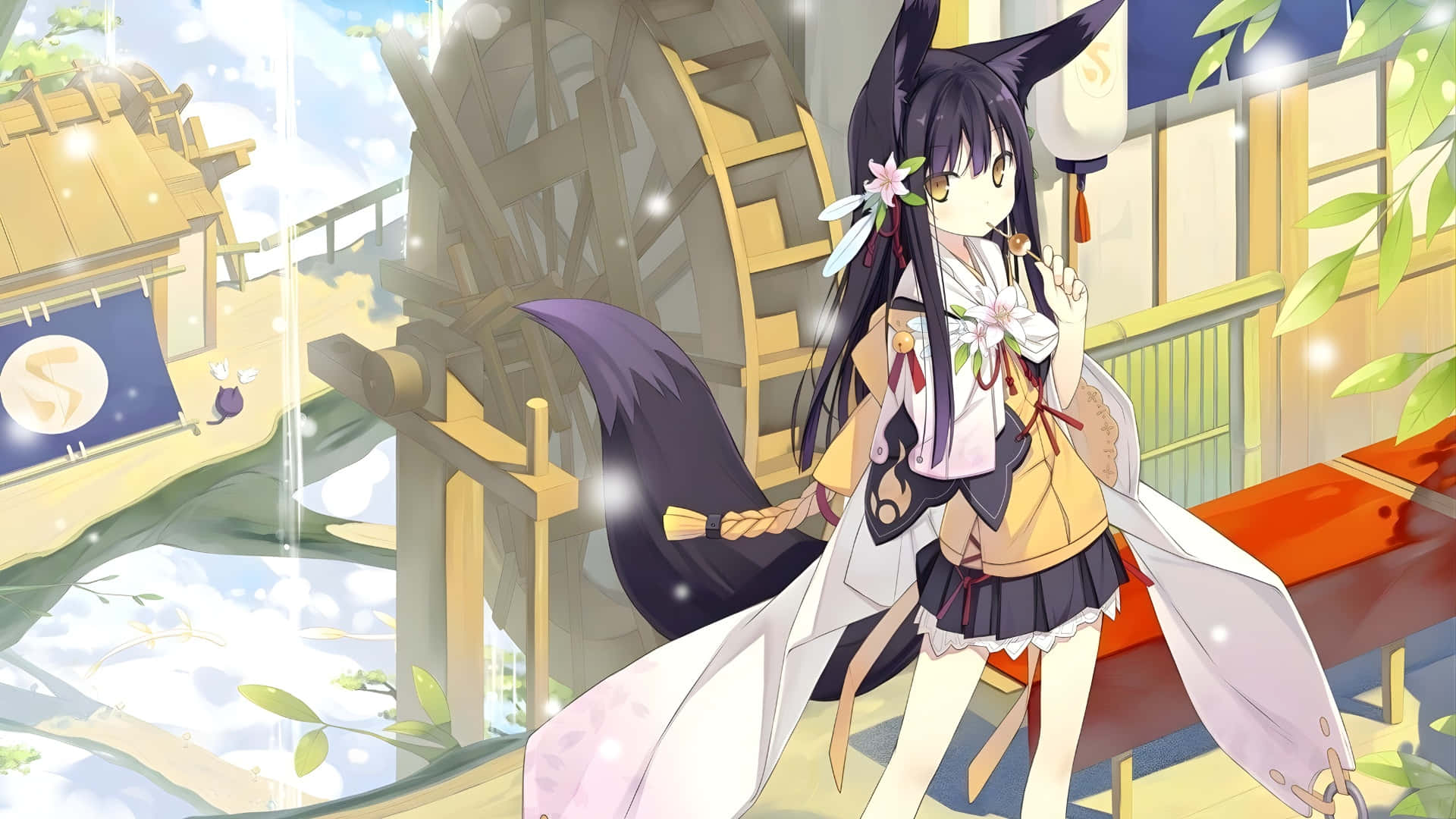 anime fox spirit girl, white and yellow kimono, wooden waterwheel, Full HD Desktop Wallpaper
