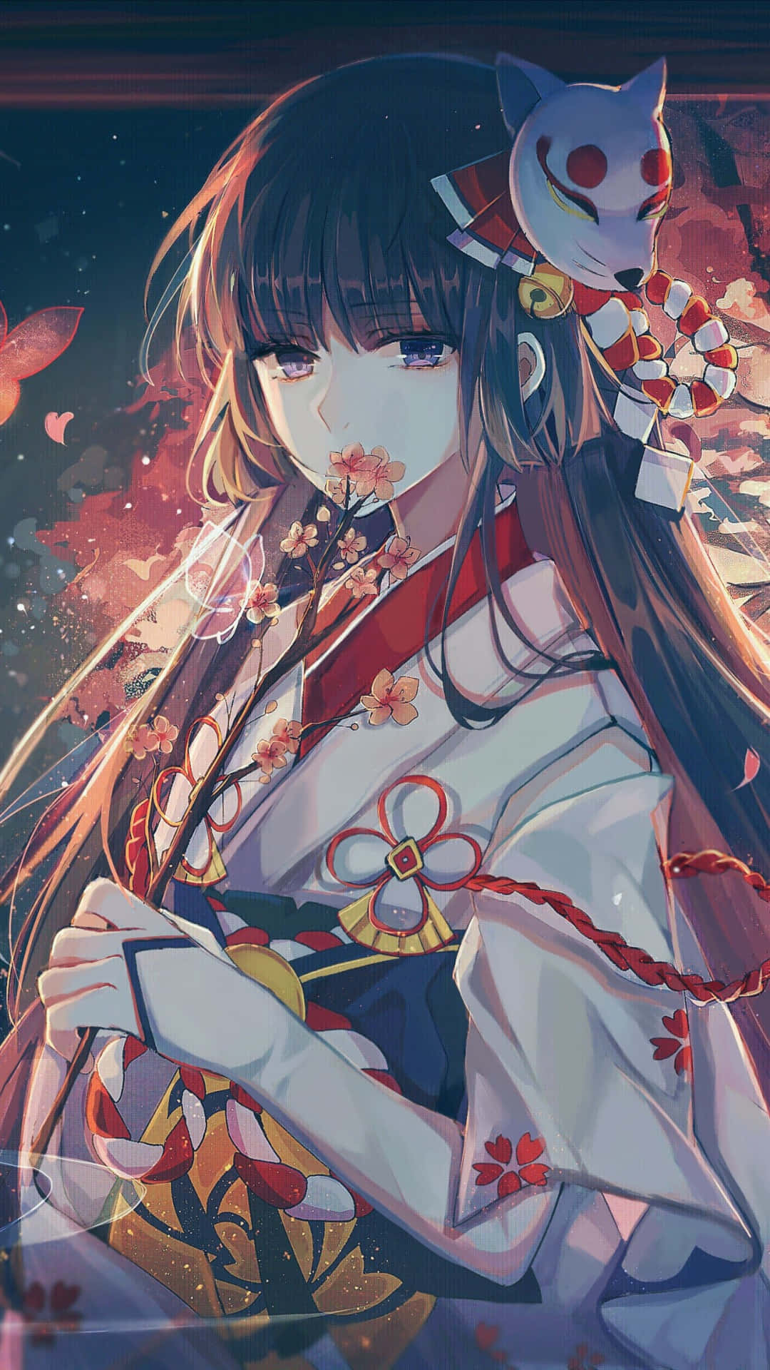 Ethereal Anime Girlwith Masked Fox Spirit, white kimono with red floral patterns, cherry blossom branch, Full HD Phone Wallpaper