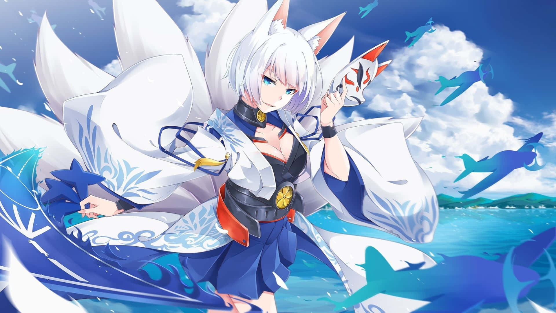 anime fox spirit girl, white-haired fox spirit, blue and white kimono, Full HD Desktop Wallpaper