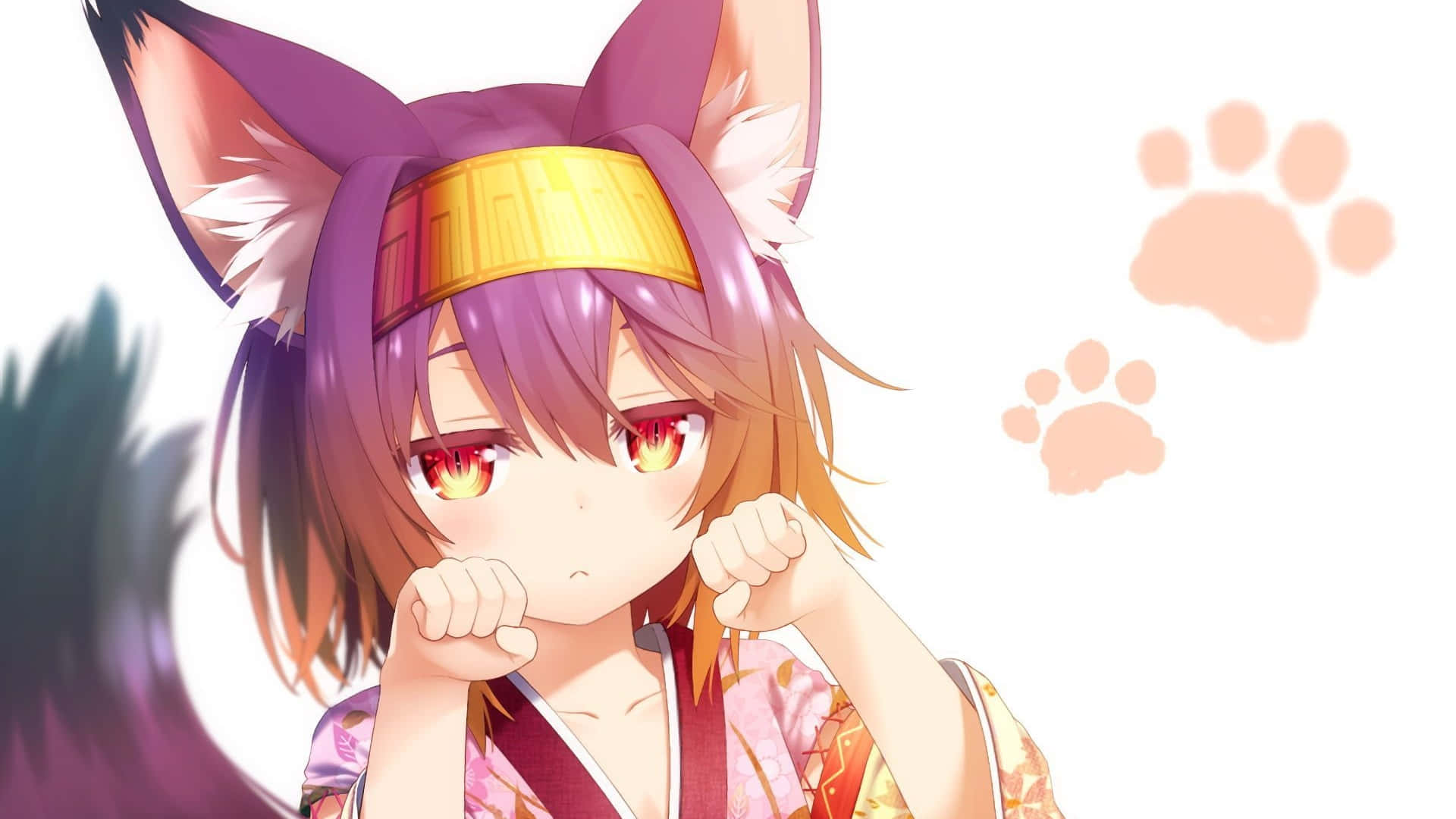 cute fox girl, purple fox ears, fiery red eyes, Full HD Desktop Wallpaper