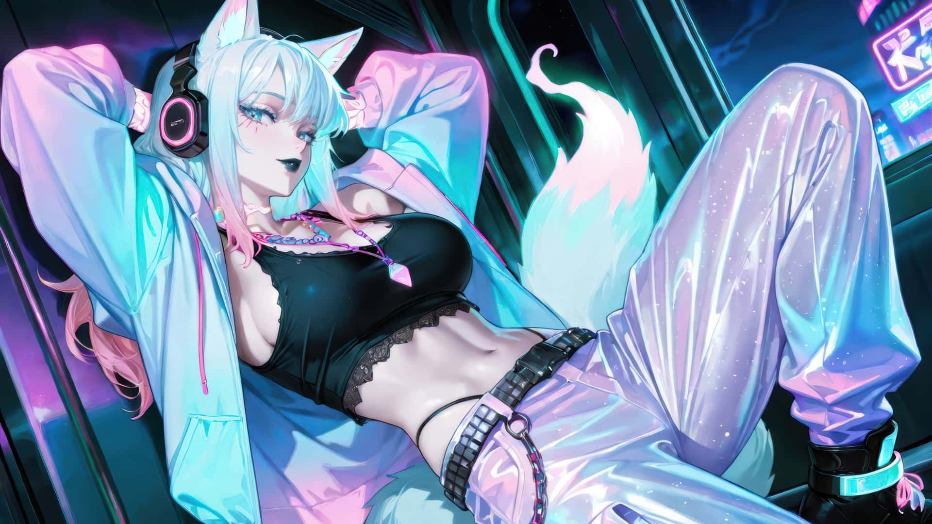 cyberpunk, anime girl, fox ears, Full HD Desktop Wallpaper