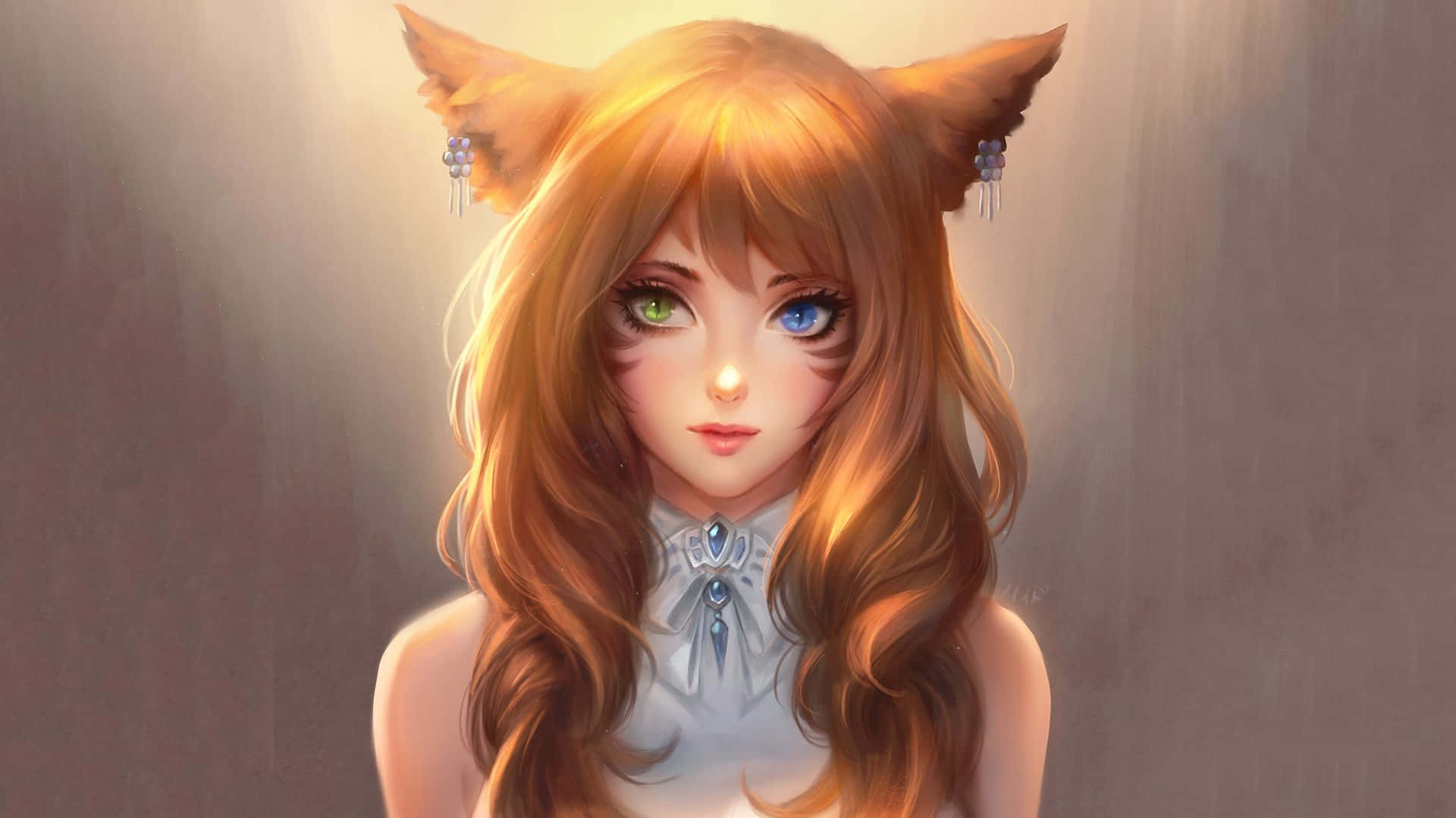 anime fox girl, heterochromatic eyes, long orange hair, Full HD Desktop Wallpaper