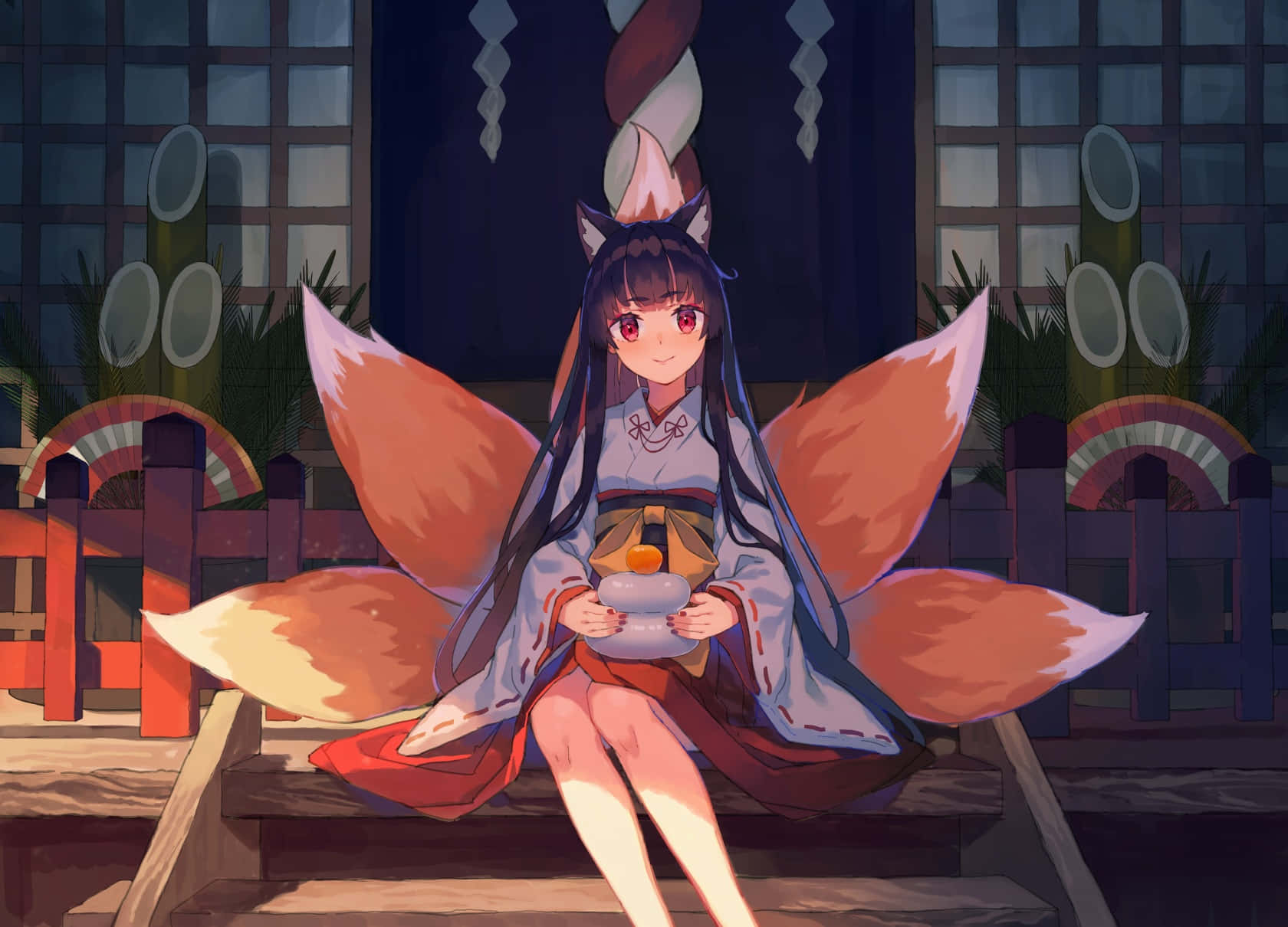 Anime Fox Girl, nine orange tails, shrine, HD Desktop Wallpaper