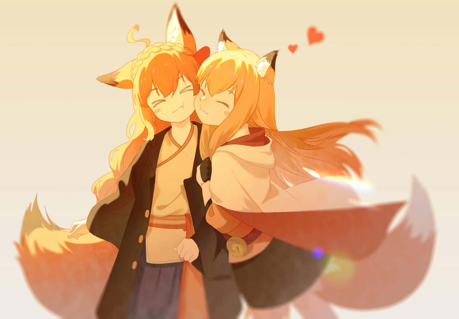 Affectionate Anime Fox Girls, orange hair, tails, HD Desktop Wallpaper
