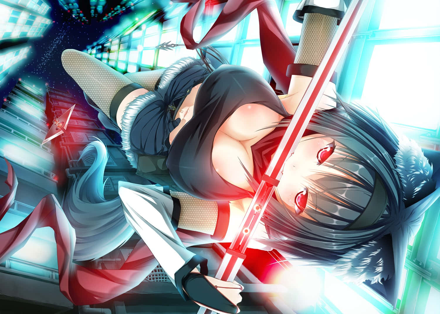 Anime Fox Girl, dual sword battle, red eyes, HD Desktop Wallpaper