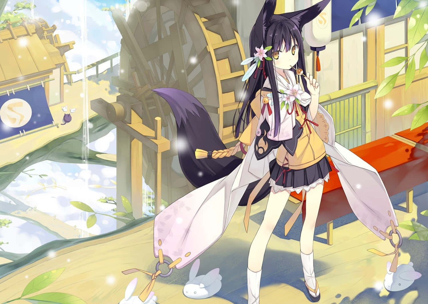 anime fox girl, spiritual shrine visit, traditional Japanese outfit, HD Desktop Wallpaper