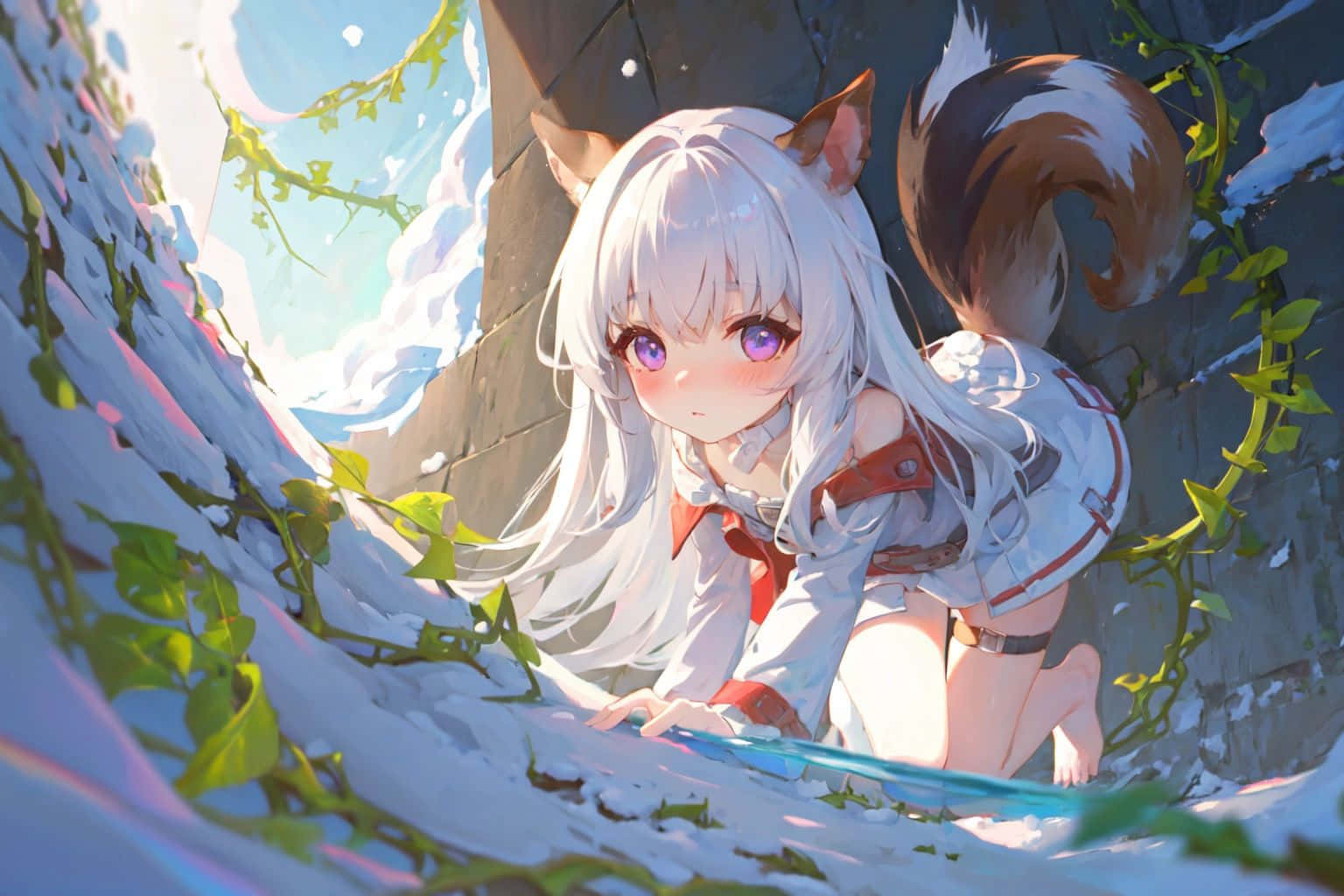 Enchanted Forest Fox Girl, white-haired, fox-eared, HD Desktop Wallpaper