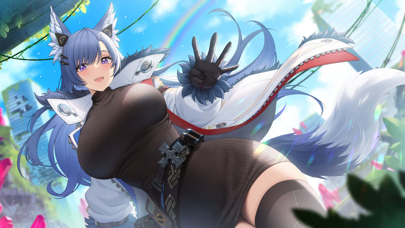 anime fox girl, blue-haired, fox-eared, HD Desktop Wallpaper