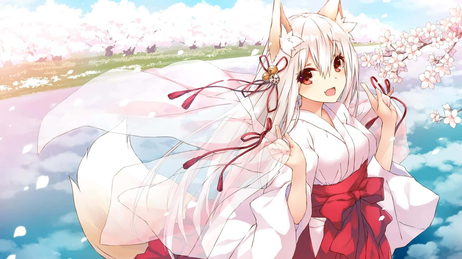anime fox girl, cherry blossoms, white kimono, HD Desktop Wallpaper
