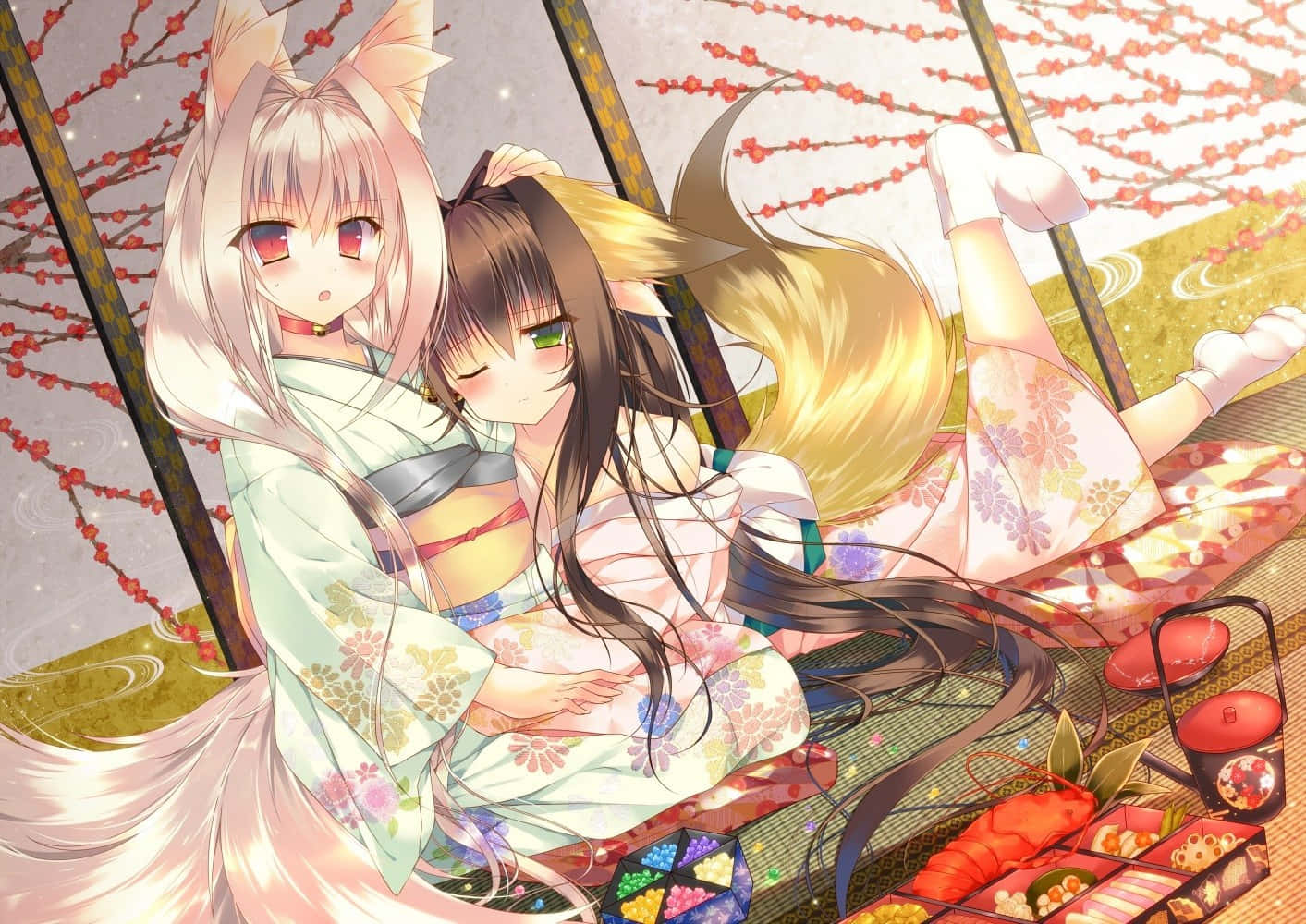 anime fox girls, floral kimonos, cherry blossoms, HD Desktop Wallpaper