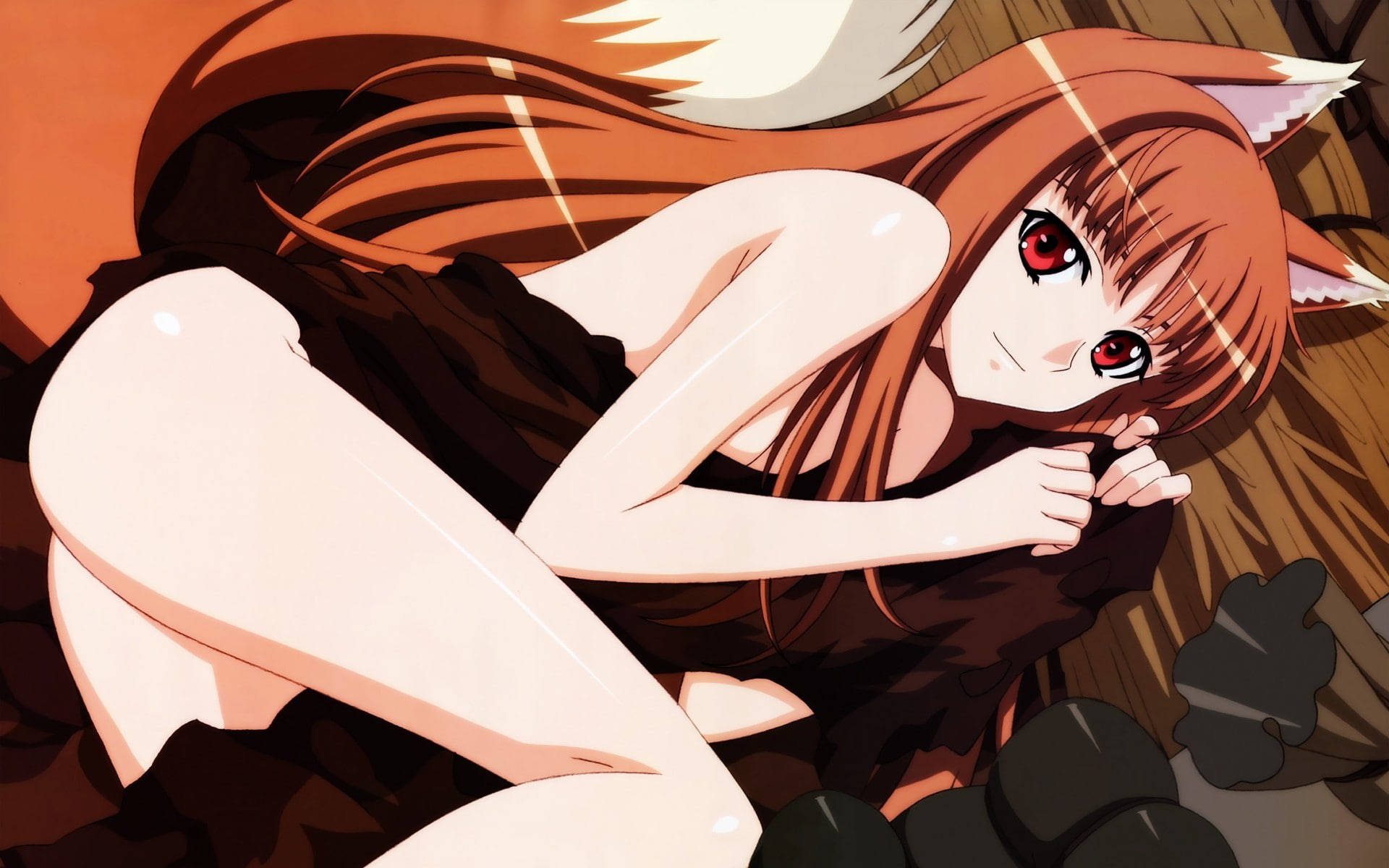 anime fox girl, red eyes, long brown hair, Full HD Desktop Wallpaper