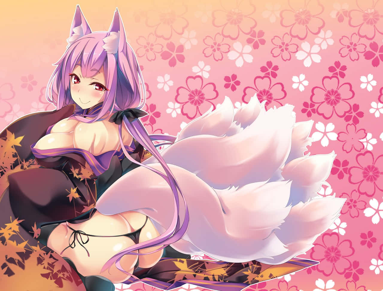 Anime Fox Girl, purple hair, nine fluffy tails, HD Desktop Wallpaper