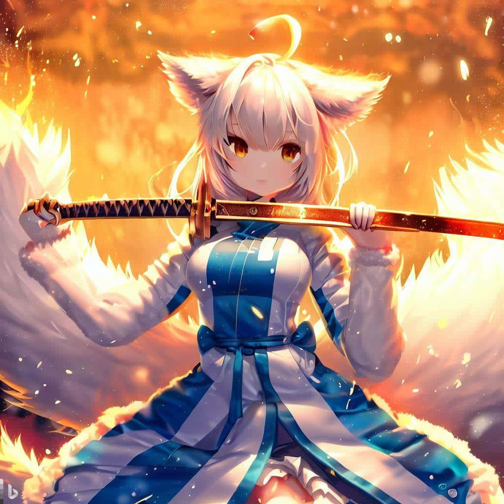 Anime Fox Girl Warriorwith Sword, fox-eared anime girl, blue and white dress, SD Desktop Wallpaper