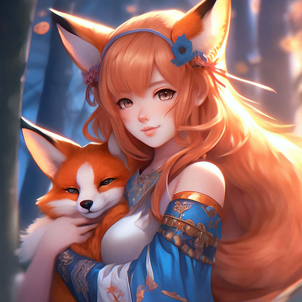 Enchanting Anime Fox Girl, pet fox, orange hair, SD Desktop Wallpaper