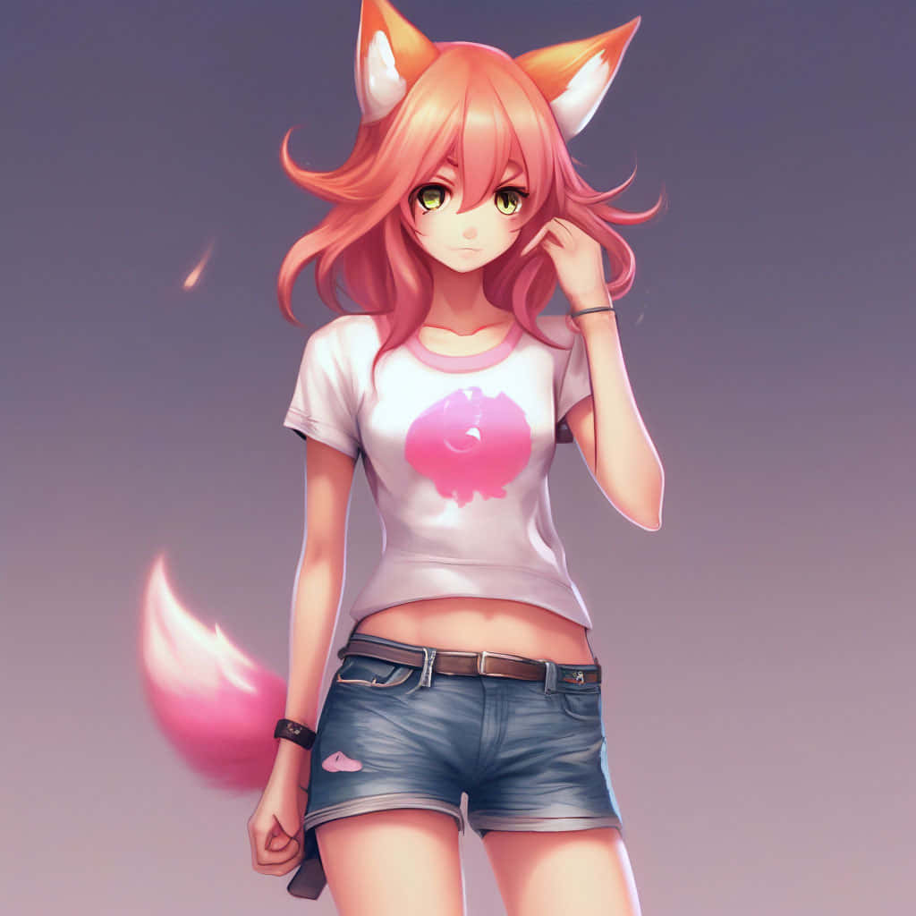 anime fox girl, pink hair, glowing tail, SD Desktop Wallpaper
