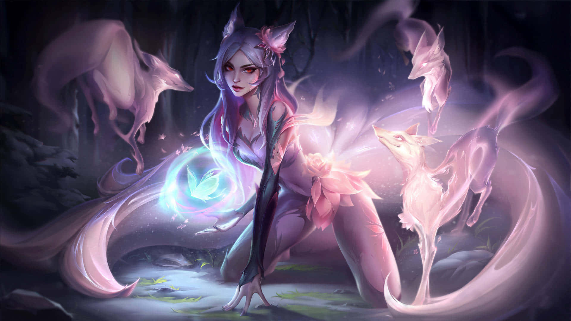 cool anime fox, mystical fox spirit, glowing blue orb, Full HD Desktop Wallpaper