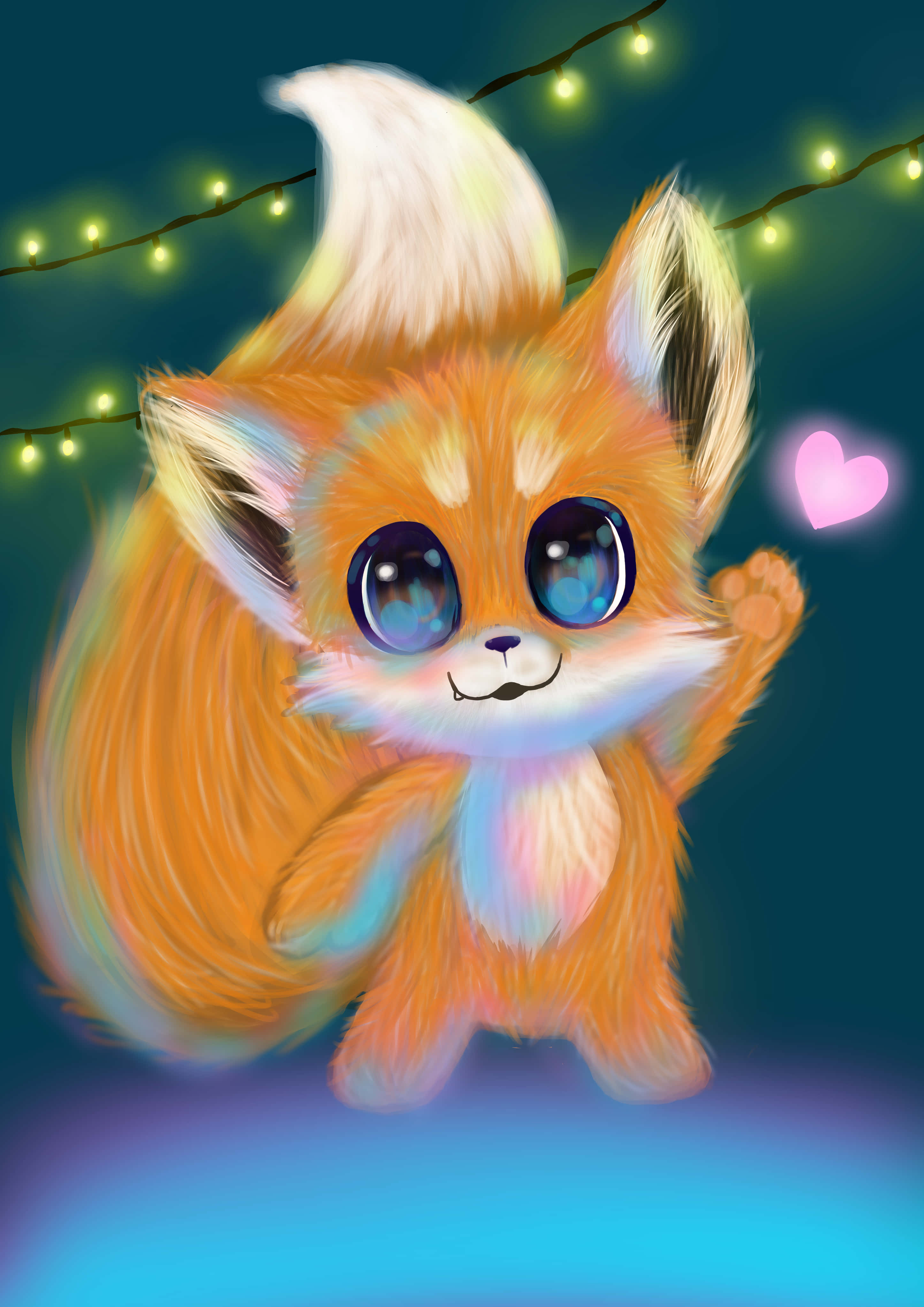 Anime Fox, big blue eyes, glowing string lights, 4K Phone Wallpaper