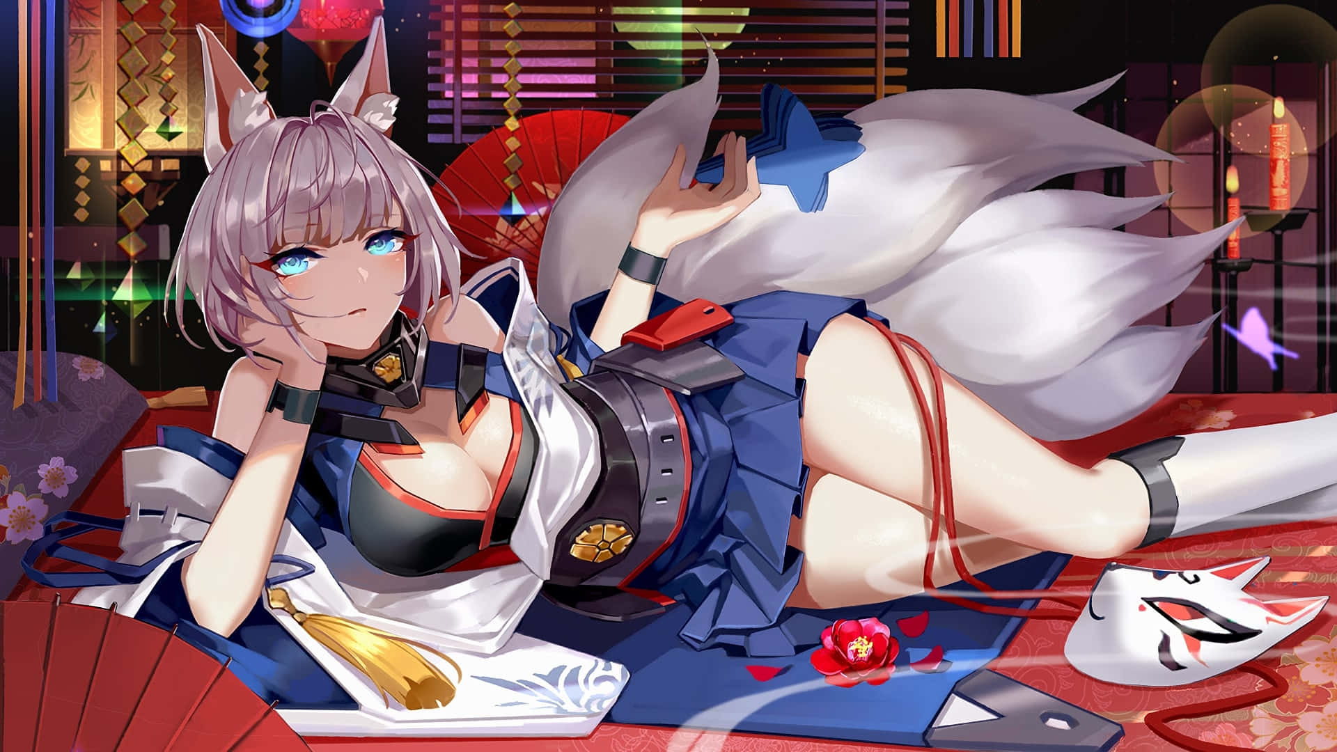 anime fox girl, blue and white outfit, red carpeted floor, Full HD Desktop Wallpaper