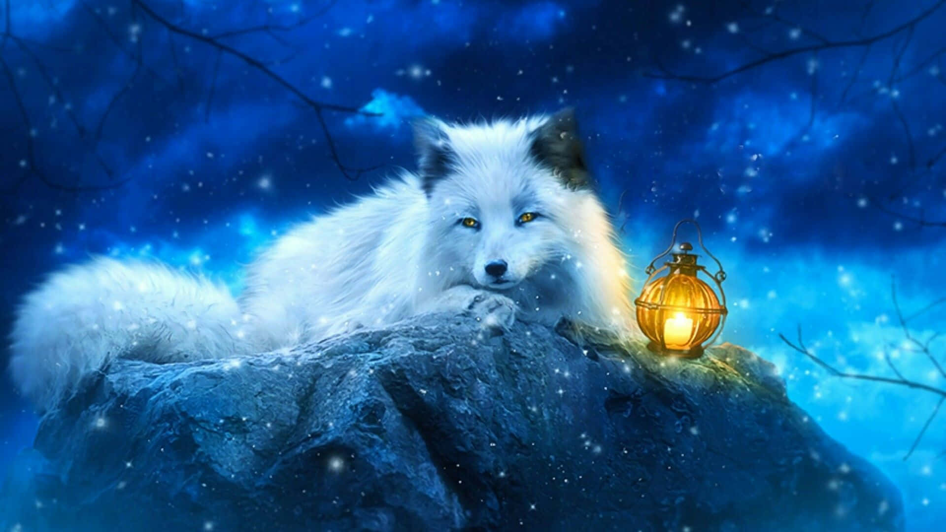Anime Fox, glowing eyes, snowy rock, Full HD Desktop Wallpaper