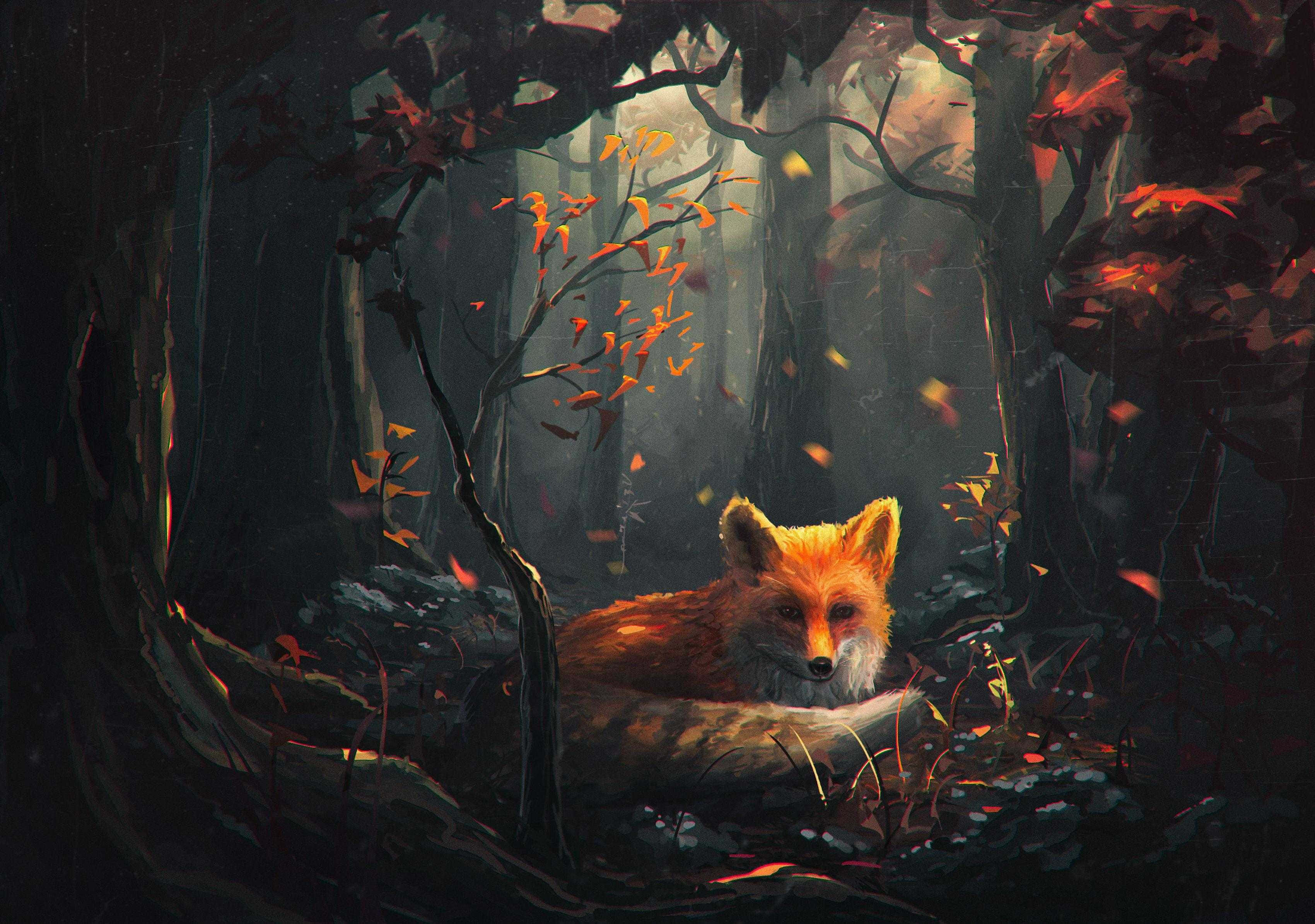 cool anime fox, red fox, misty autumn forest, 2K Desktop Wallpaper