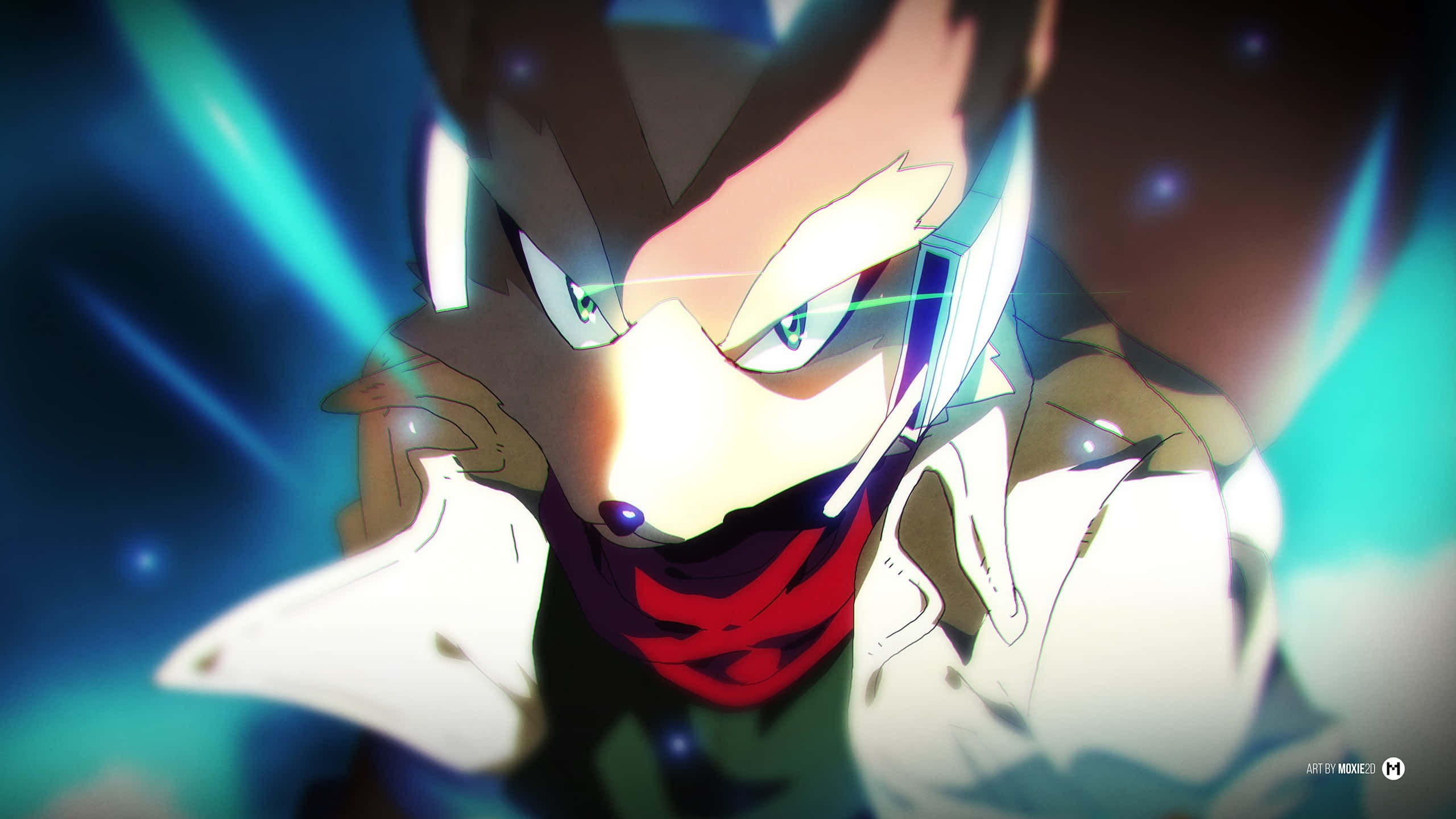 Anime Fox, glowing eyes, red scarf, 2K Desktop Wallpaper