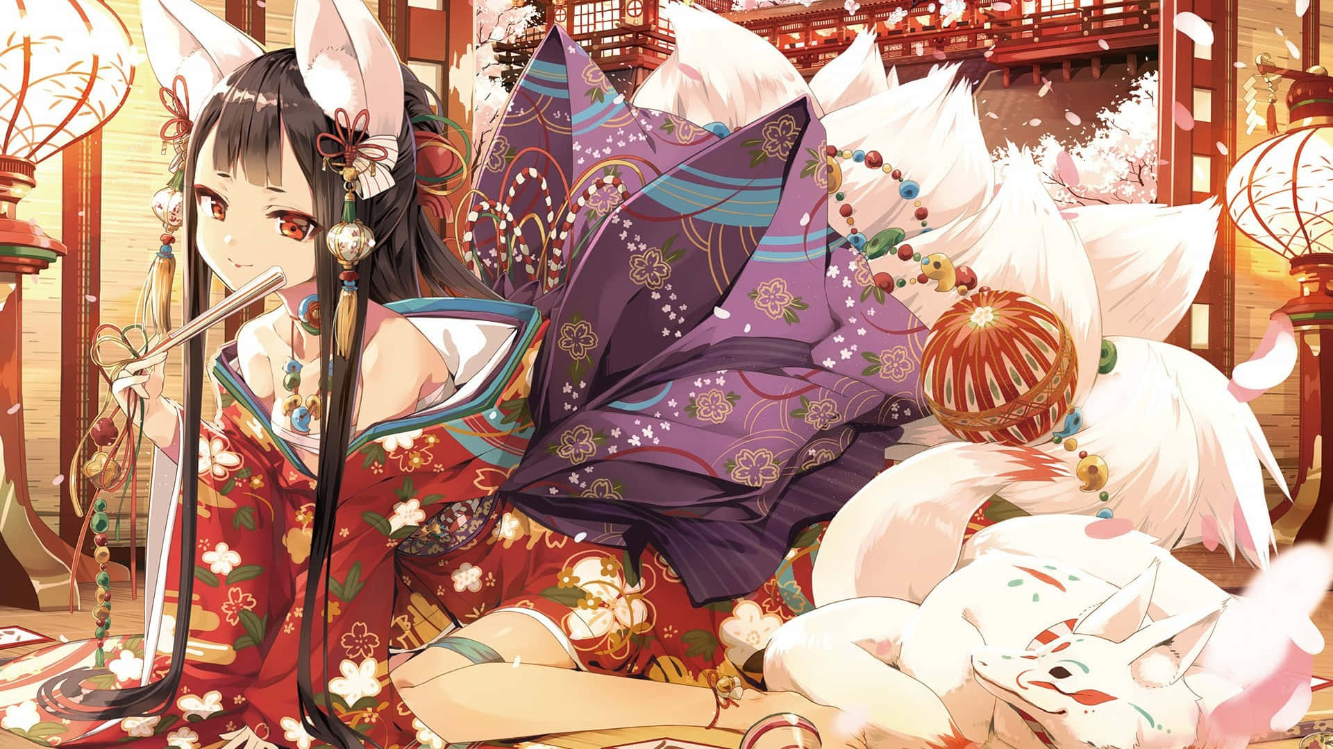 anime fox spirit, red floral kimono, flute, Full HD Desktop Wallpaper