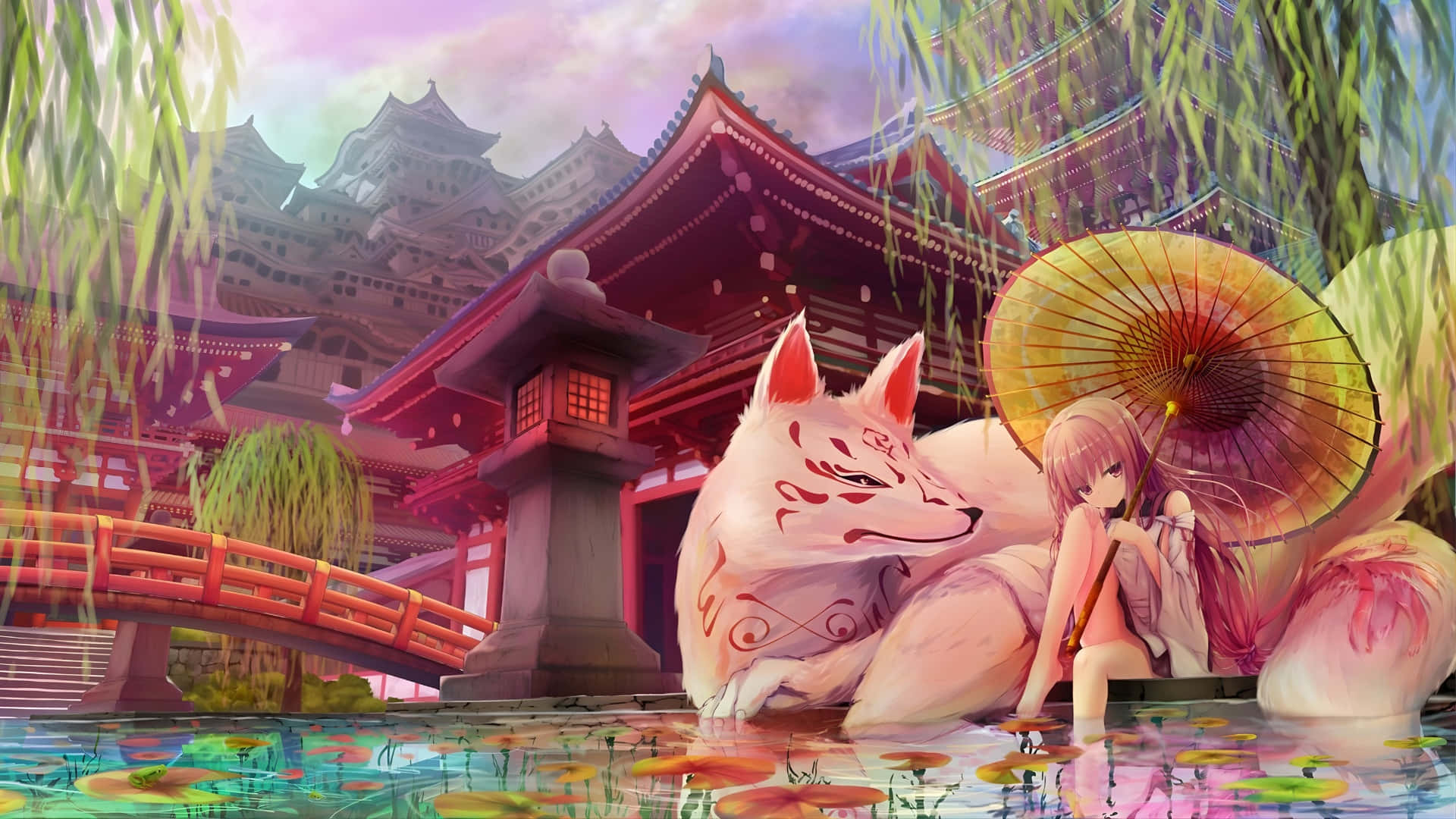 anime fox spirit, pink fox spirit, girl with an umbrella, Full HD Desktop Wallpaper
