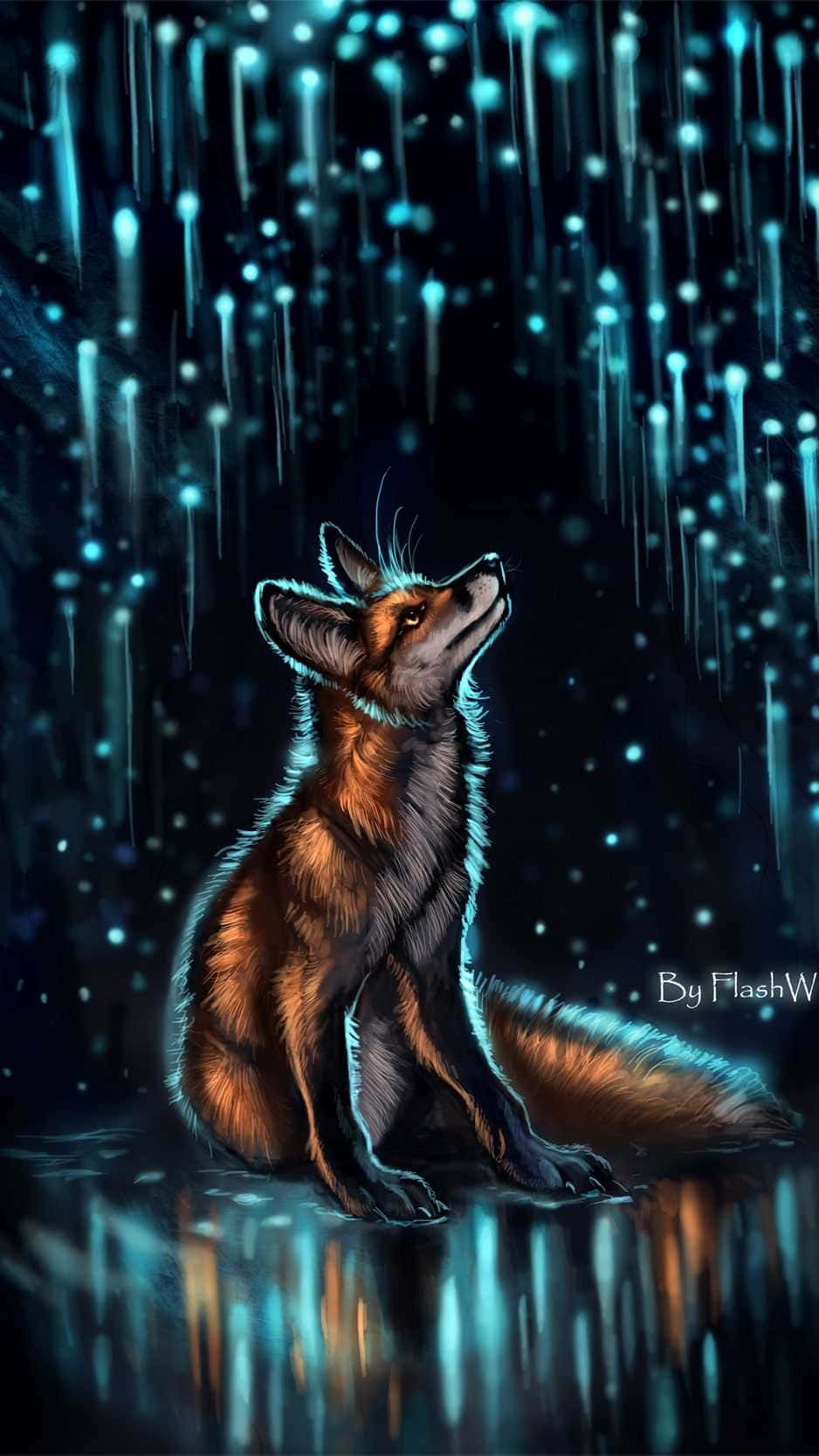 Anime Fox, glowing blue raindrops, wet ground, HD Phone Wallpaper