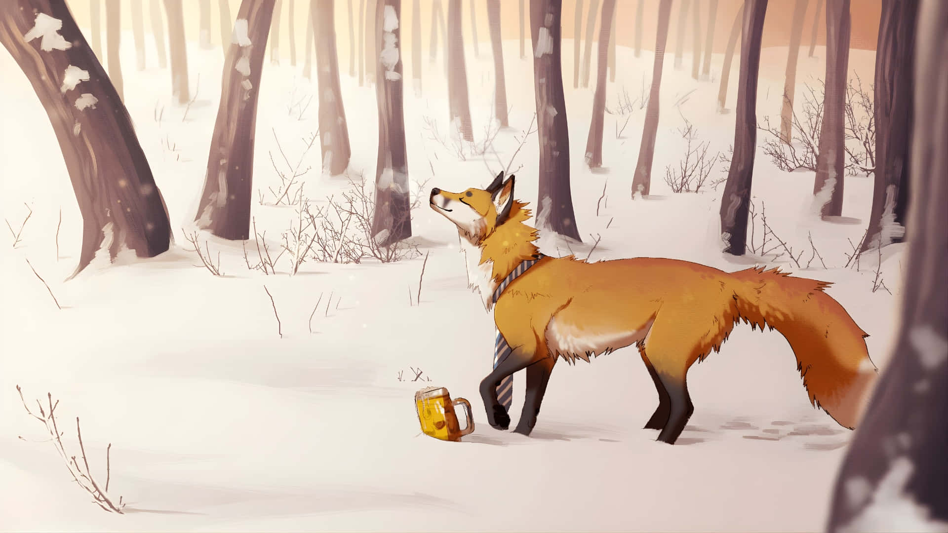 Anime Fox, snowy forest, golden mug, Full HD Desktop Wallpaper