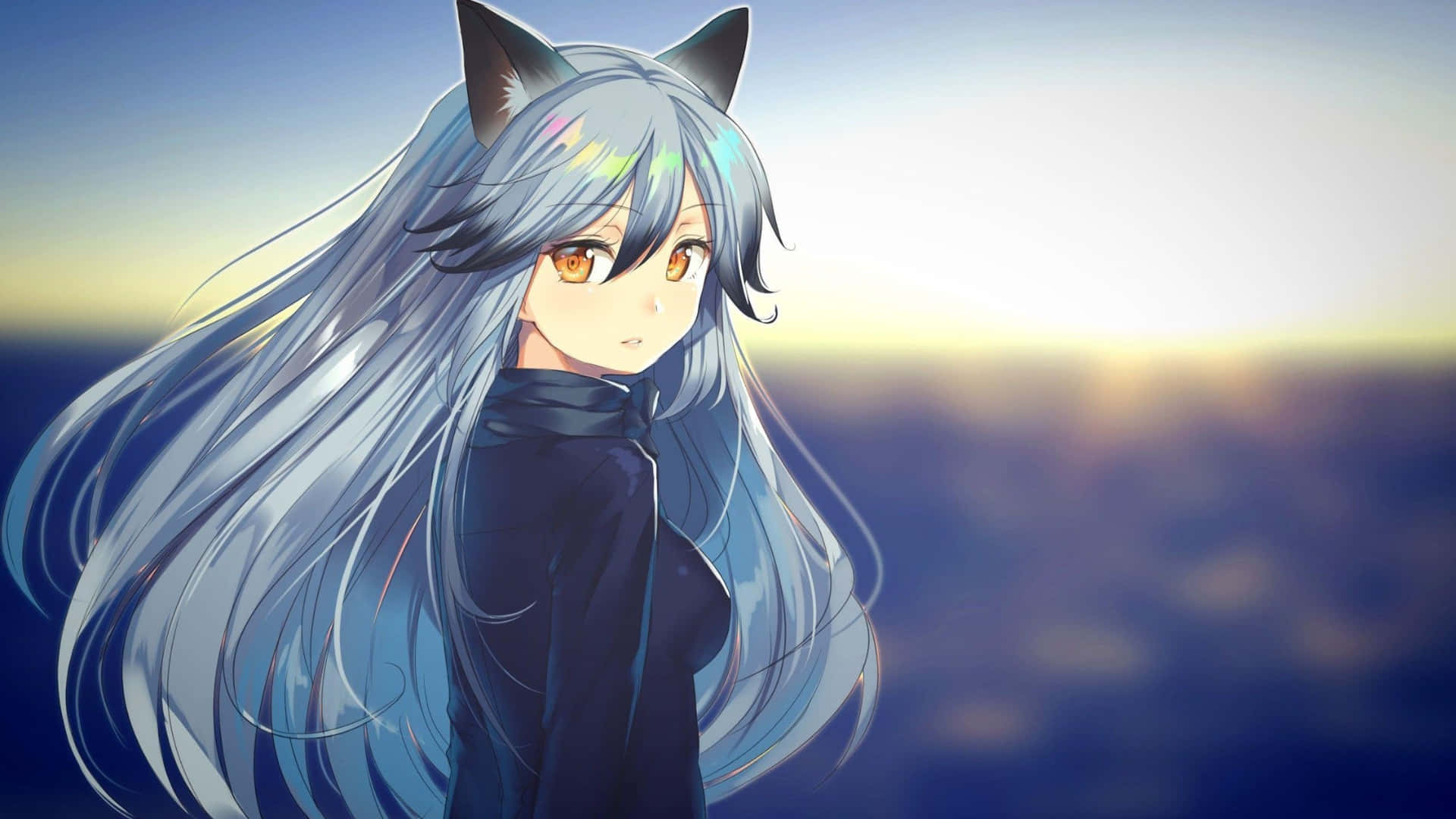 Anime Fox Girl, silver hair, amber eyes, Full HD Desktop Wallpaper