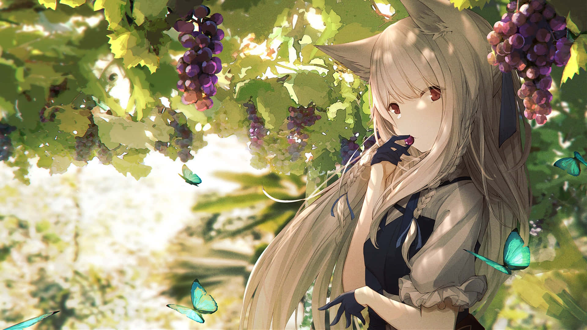 Anime Fox Girl, vineyard, grapevine canopy, Full HD Desktop Wallpaper