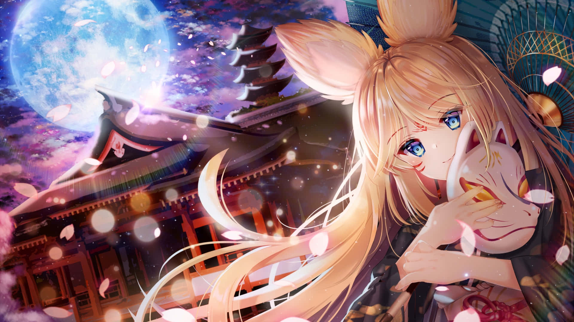 anime fox girl, glowing full moon, traditional Japanese shrine, Full HD Desktop Wallpaper